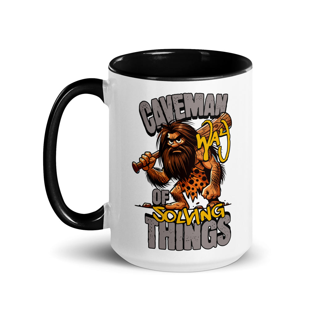 Mug with a cartoon caveman design and text on a white background