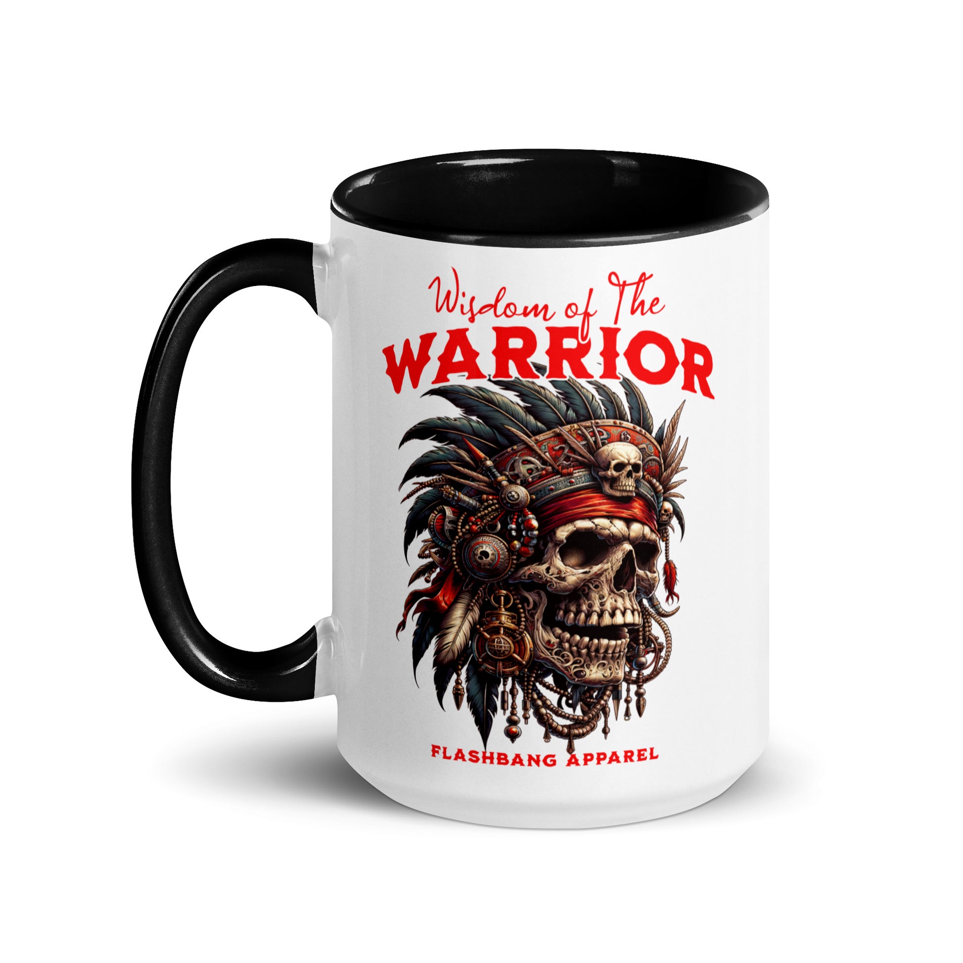Mug with warrior-themed design and 'Wisdom of the Warrior' text on a white background
