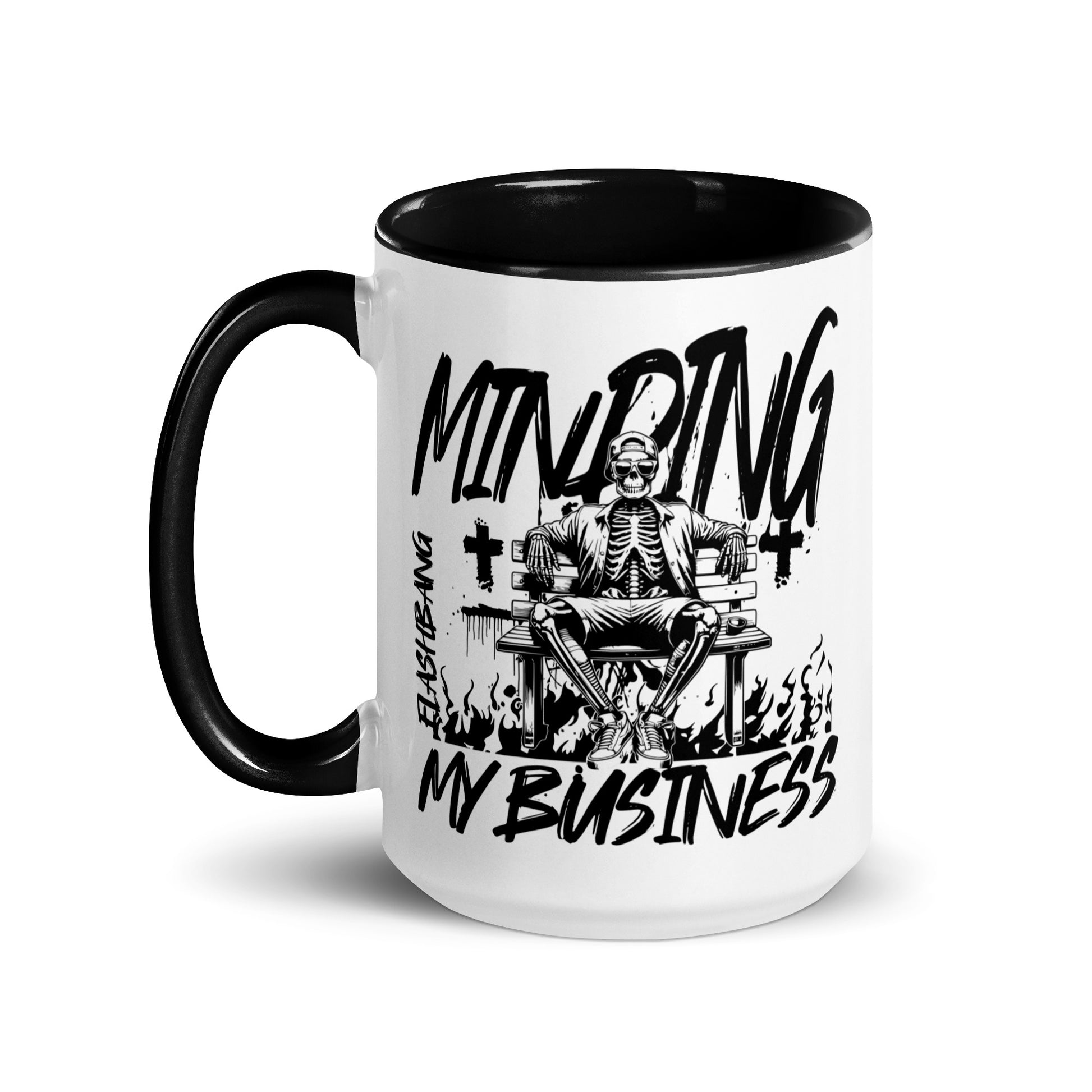 White mug with black interior and handle, featuring a skeleton in a chair and text 'Minding My Business' on a white background.
