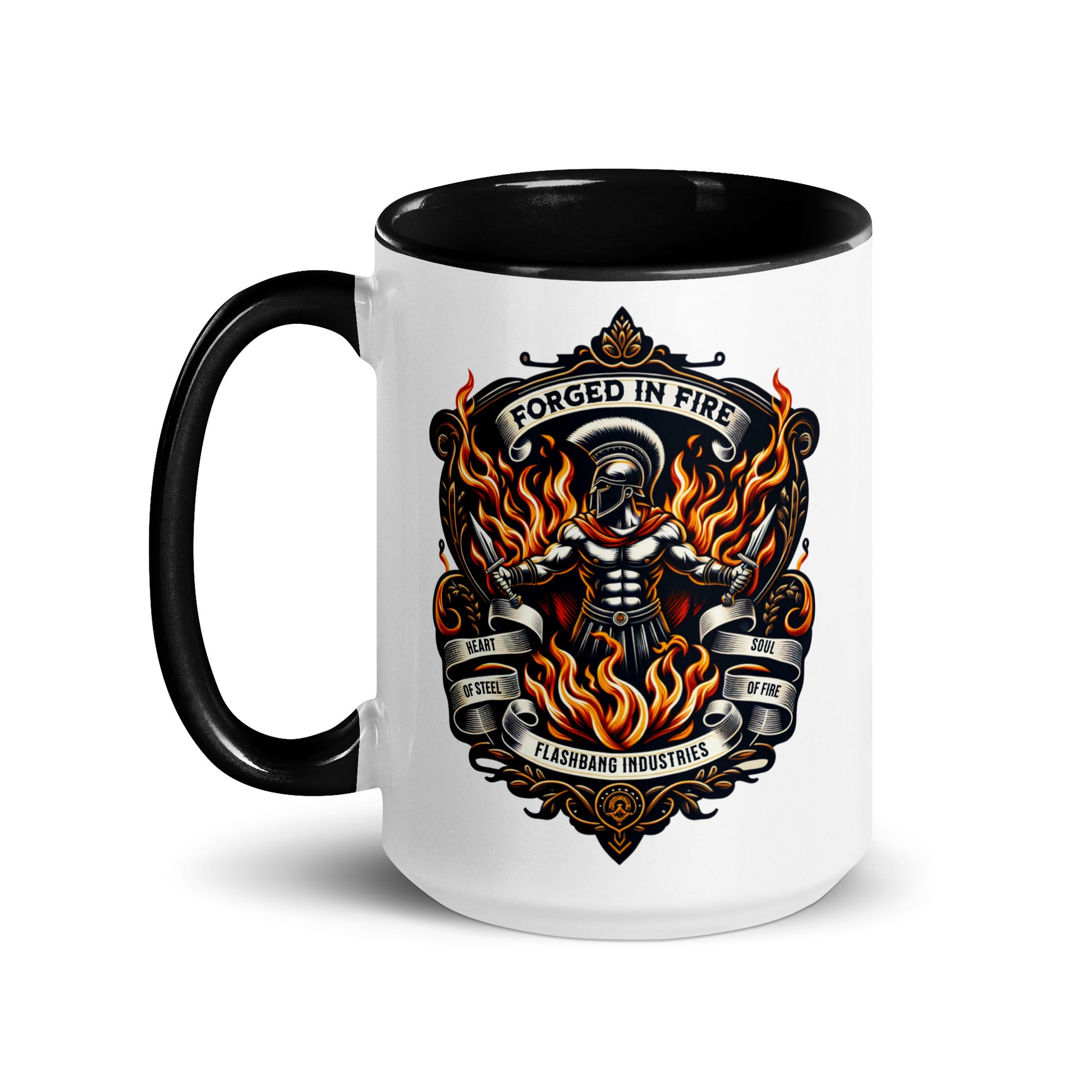 White mug with black interior and handle, featuring a graphic design of a muscular figure in flames and text 'Forged in Fire' on a white background.