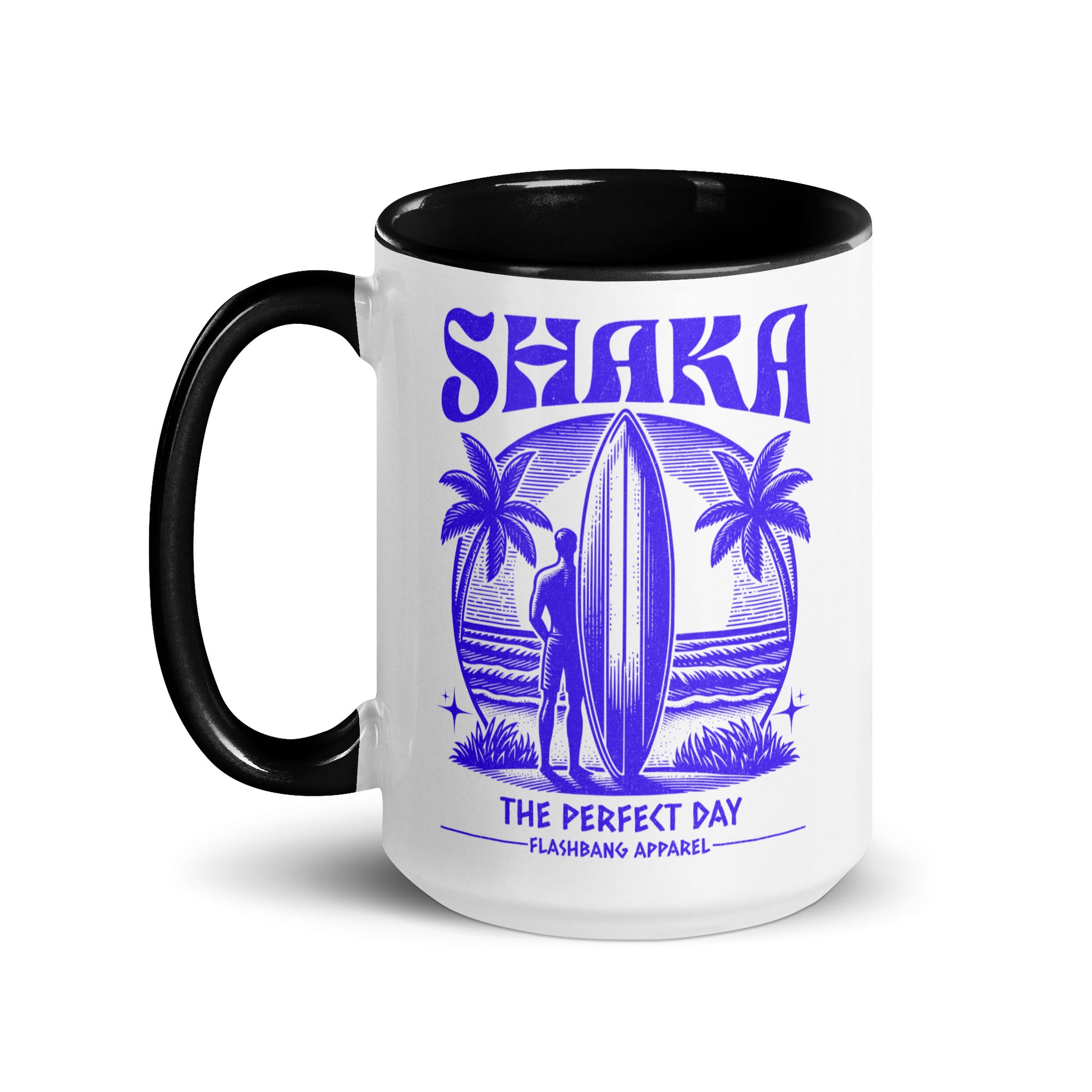 Mug with 'Shaka The Perfect Day' design featuring a surfer and palm trees, branded by Flashbang Apparel.