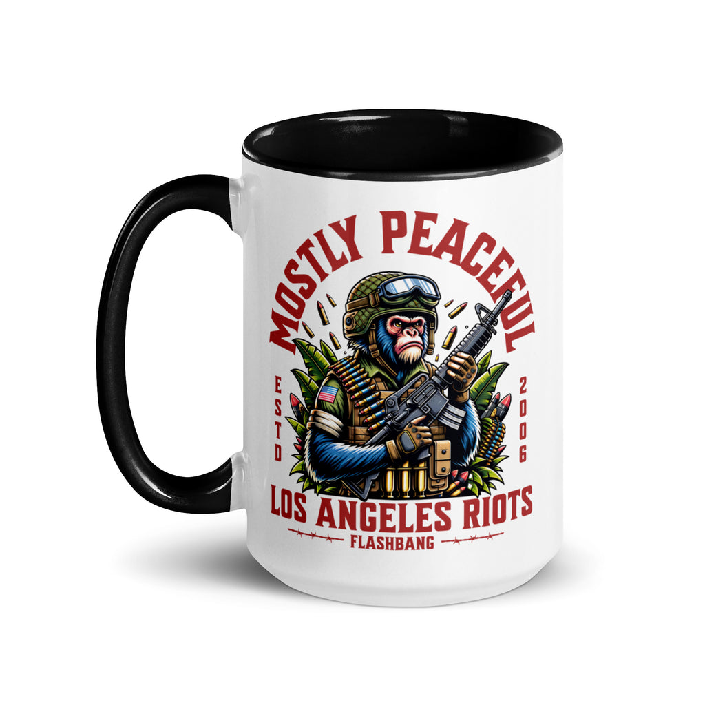 Mug with a graphic design featuring a monkey in military gear and text on a white background