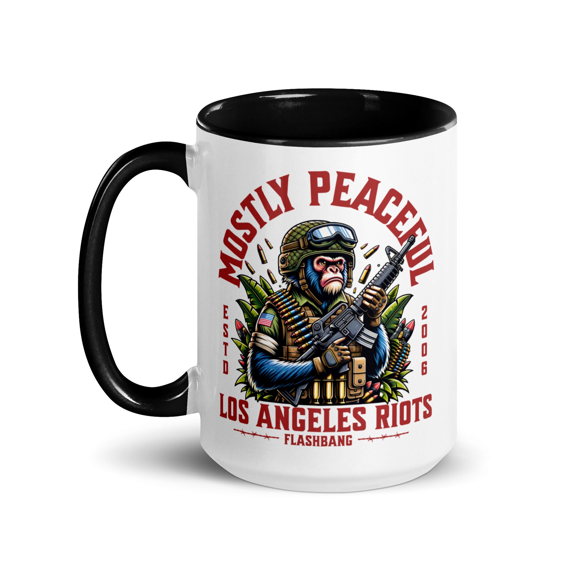 Mug with a graphic design featuring a monkey in military gear and text on a white background
