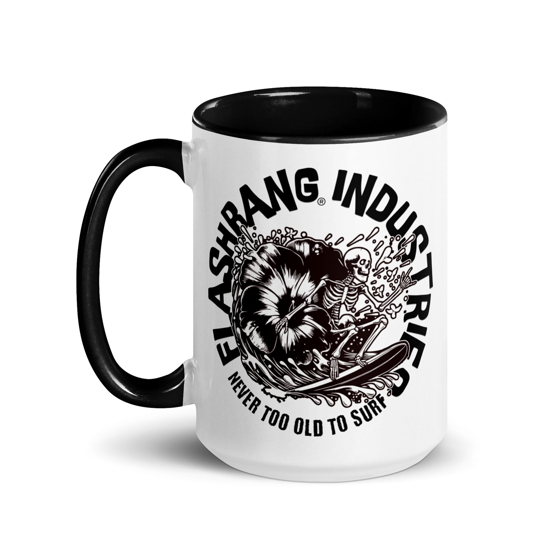 White mug with black interior and handle, featuring a graphic design and text on a white background.