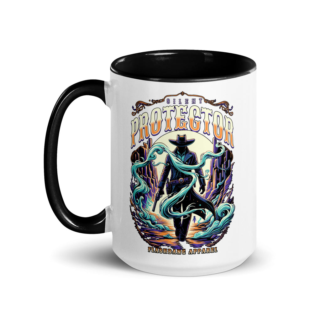 Mug with a graphic design of a person in a cowboy hat and boots, surrounded by swirling blue and purple patterns, on a white background.