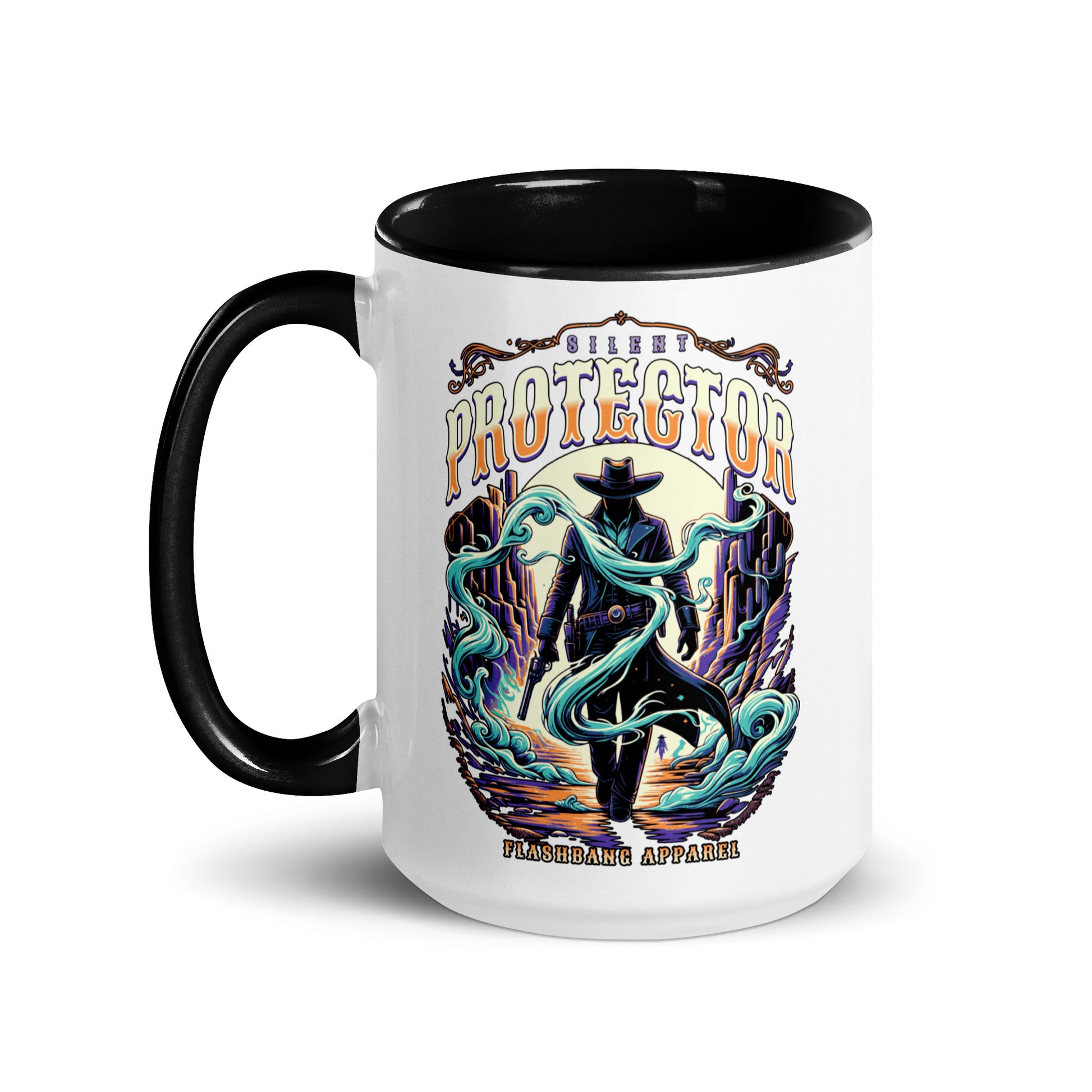 Mug with a graphic design of a person in a cowboy hat and boots, surrounded by swirling blue and purple patterns, on a white background.