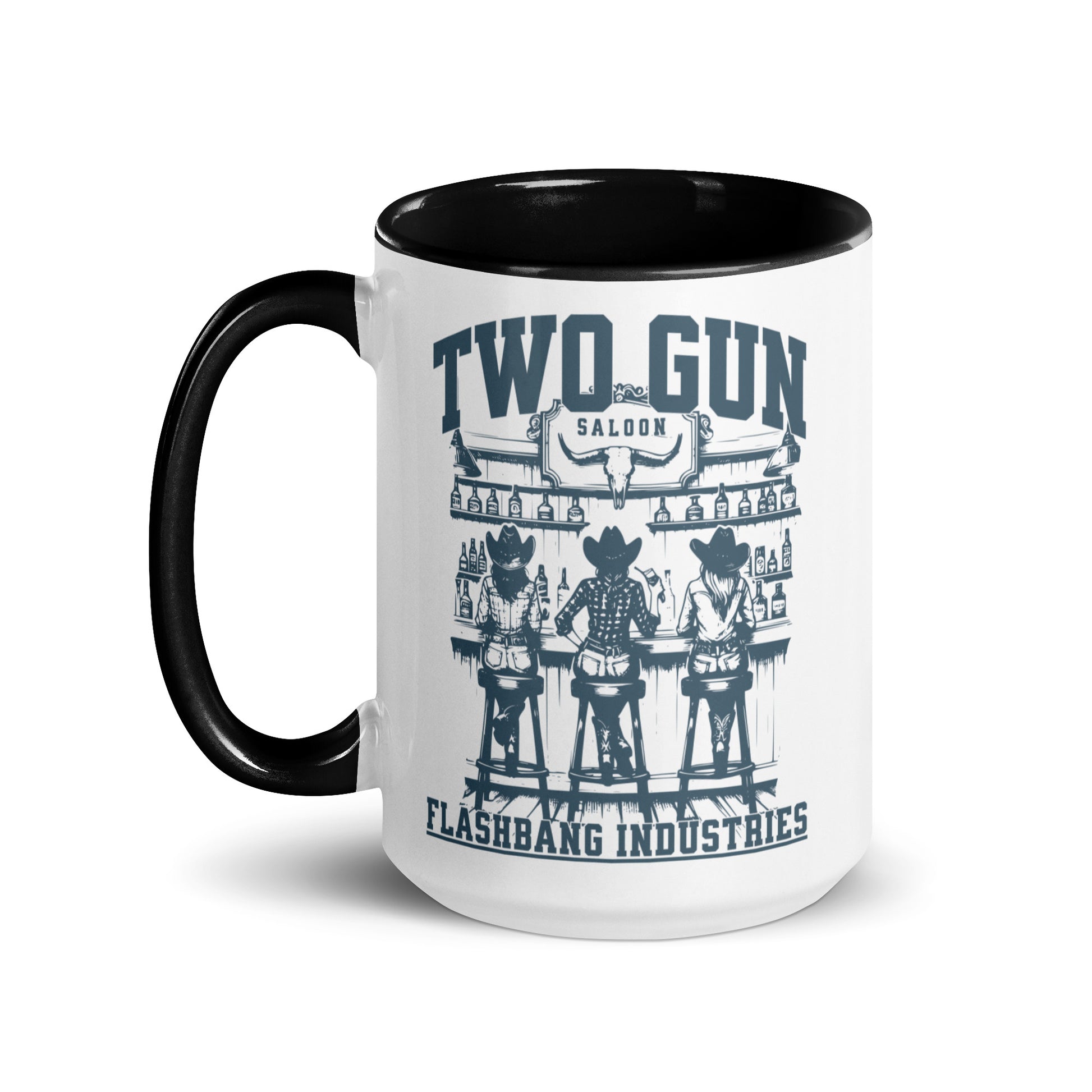 Mug with 'Two Gun Saloon' design and 'Flashbang Industries' text on a white background