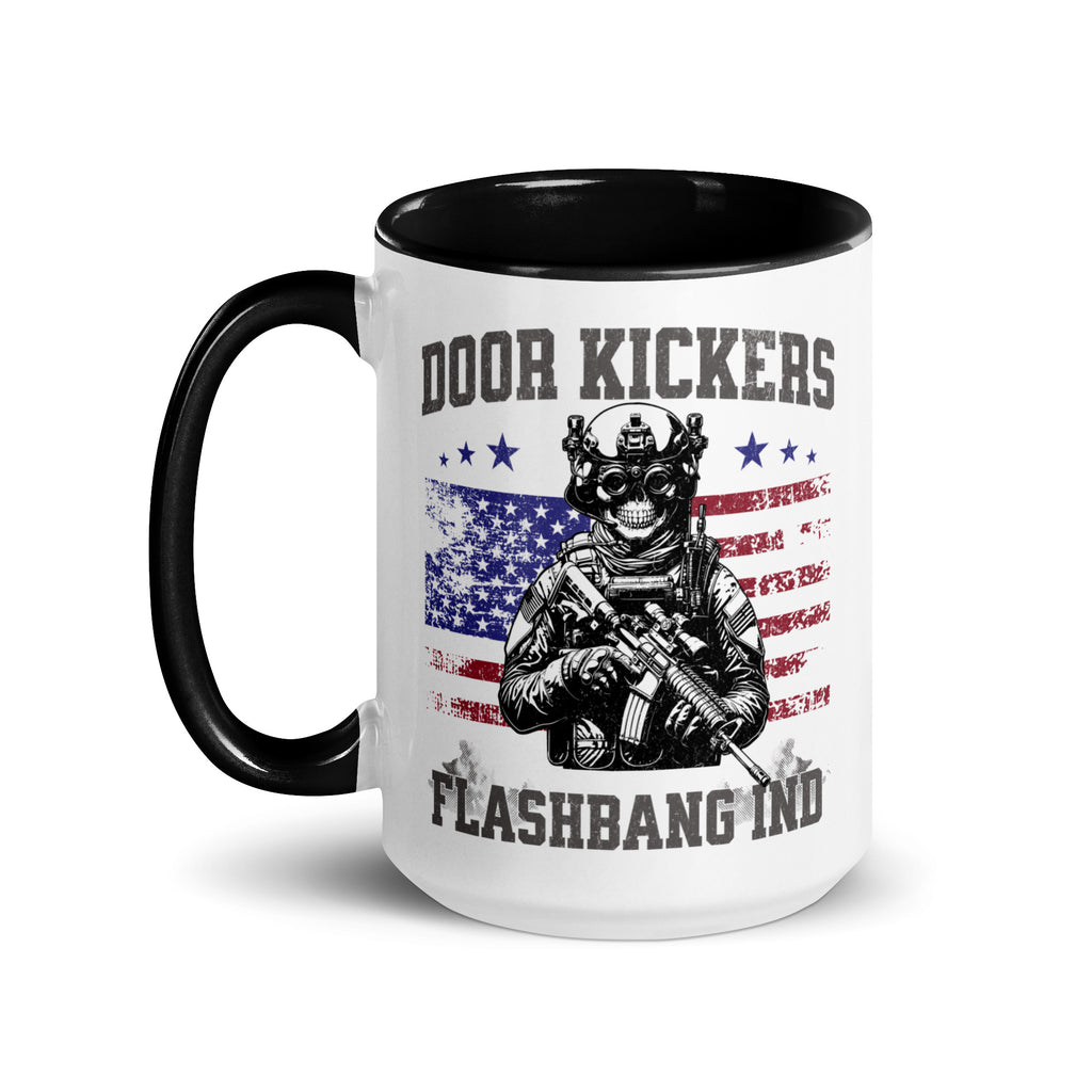 Mug with 'Door Kickers Flashbang IND' design featuring an American flag and a soldier holding a weapon on a white background.