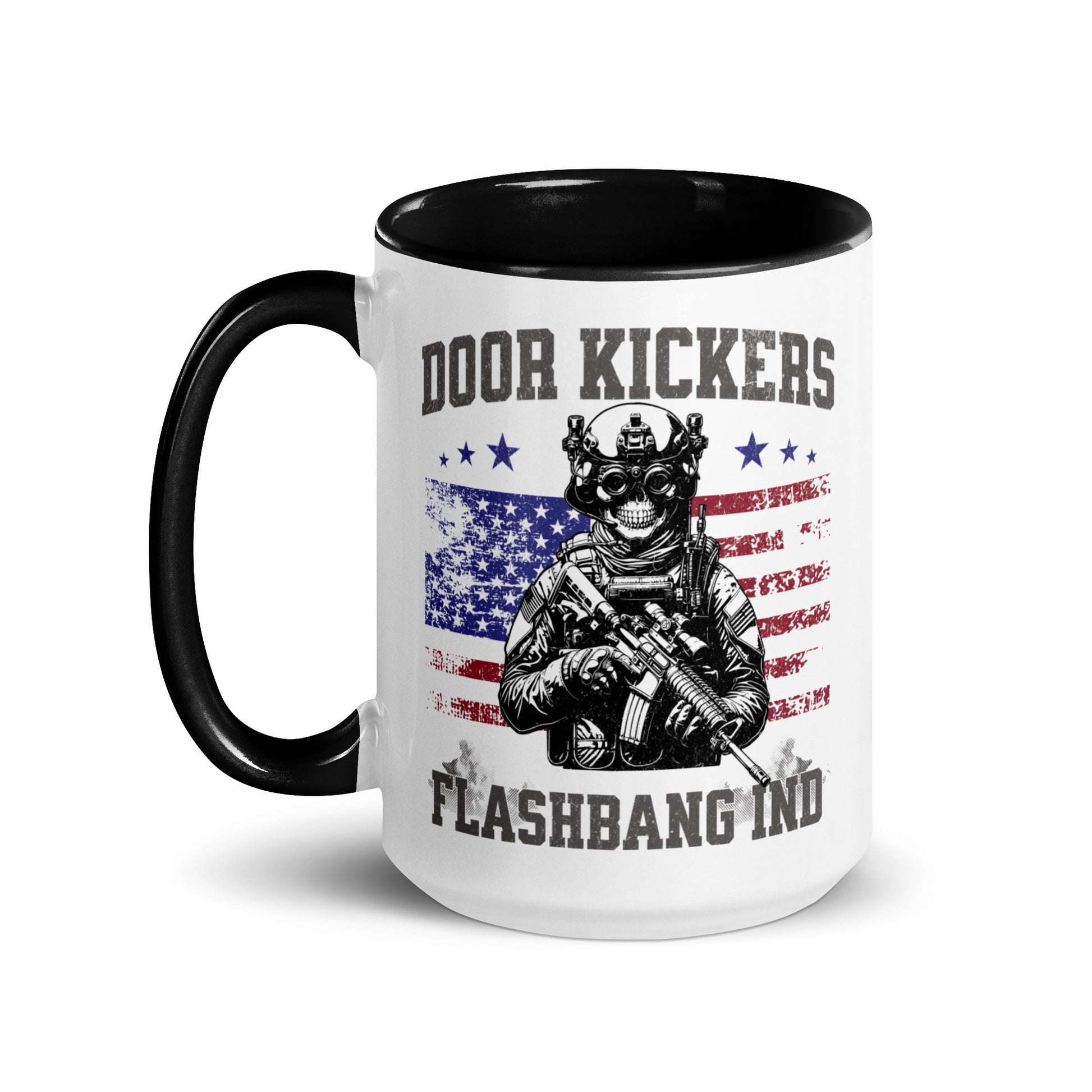 Mug with 'Door Kickers Flashbang IND' design featuring an American flag and a soldier holding a weapon on a white background.