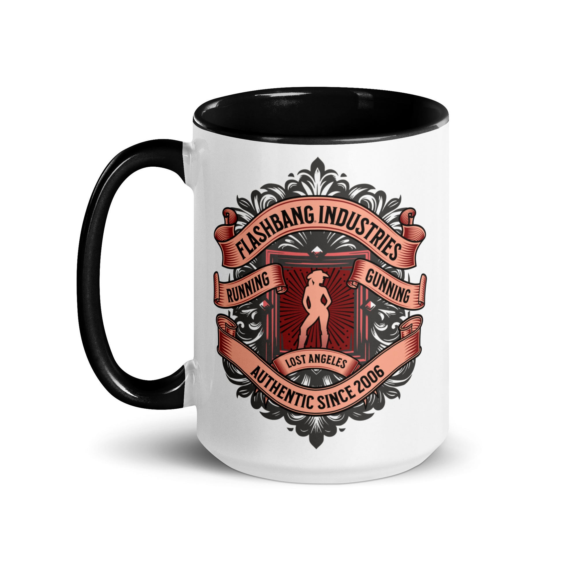 White mug with black handle featuring a graphic design and text on a white background