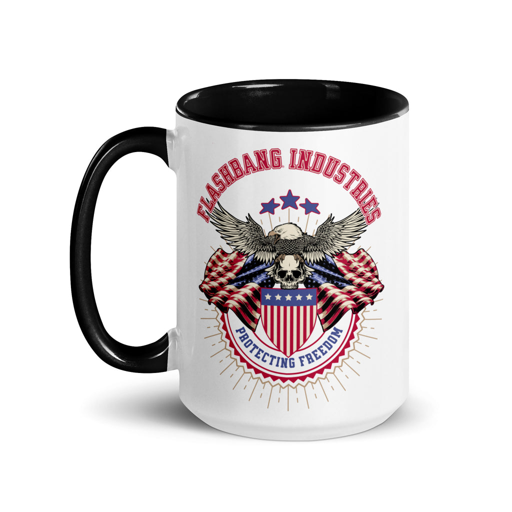 Mug with 'Flashbang Industries' logo featuring an eagle and American flag design on a white background.