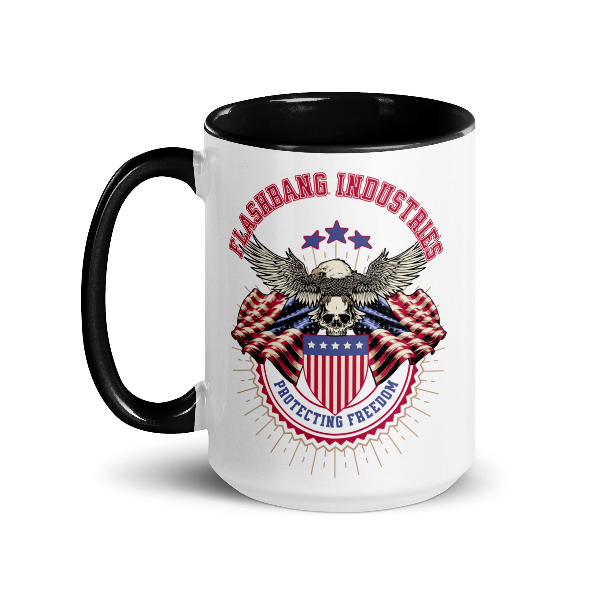 Mug with 'Flashbang Industries' logo featuring an eagle and American flag design on a white background.