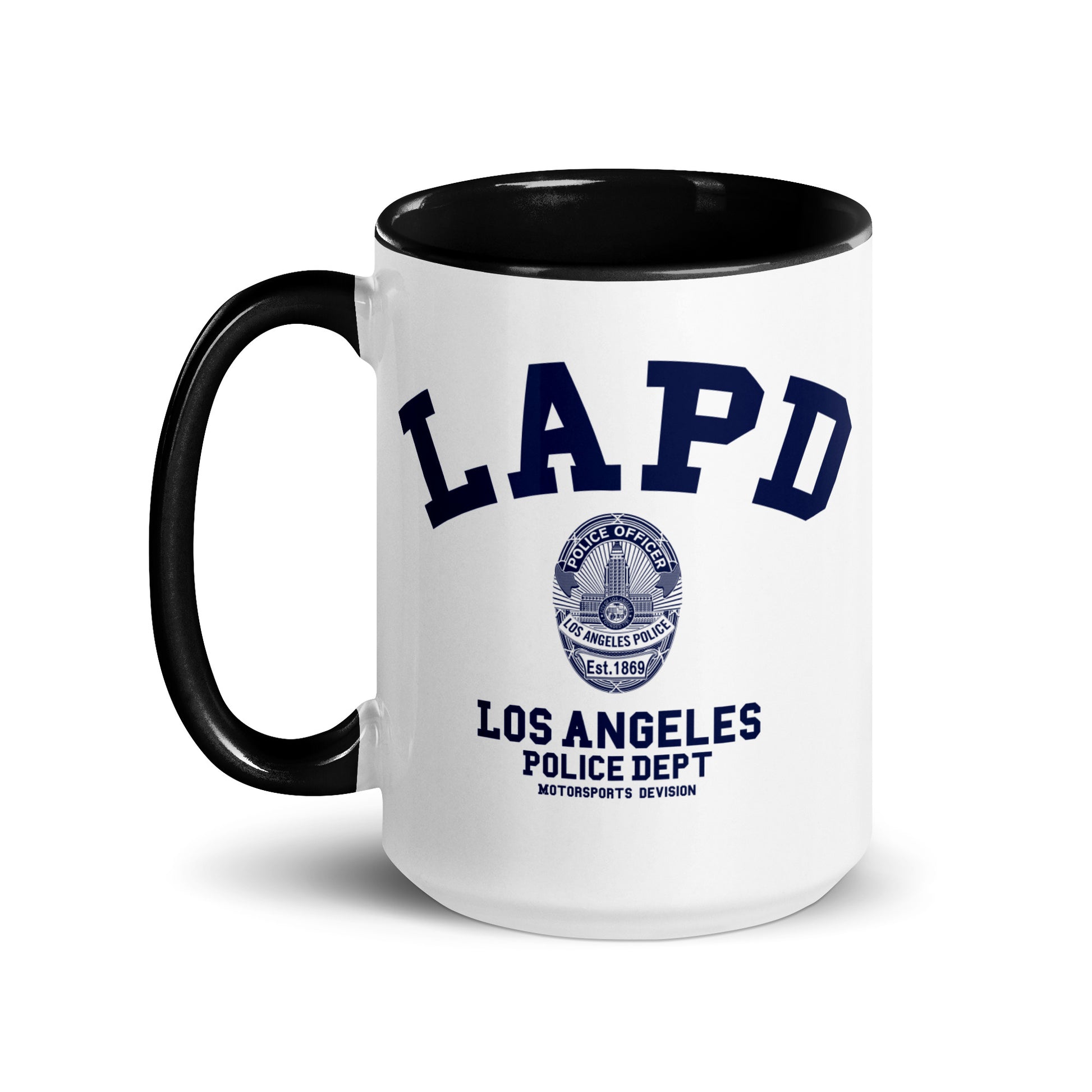 White mug with black interior and handle, featuring LAPD logo and text.