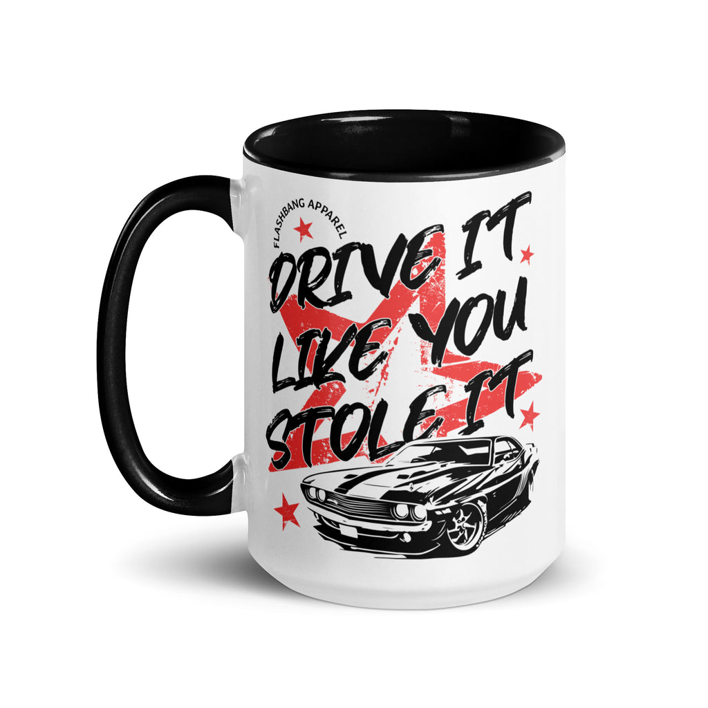 White mug with black interior and handle, featuring a car graphic and text on a white background.