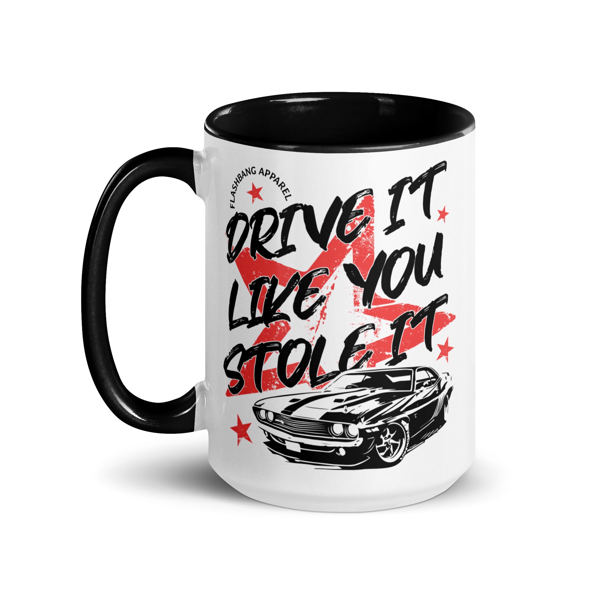White mug with black interior and handle, featuring a car graphic and text on a white background.