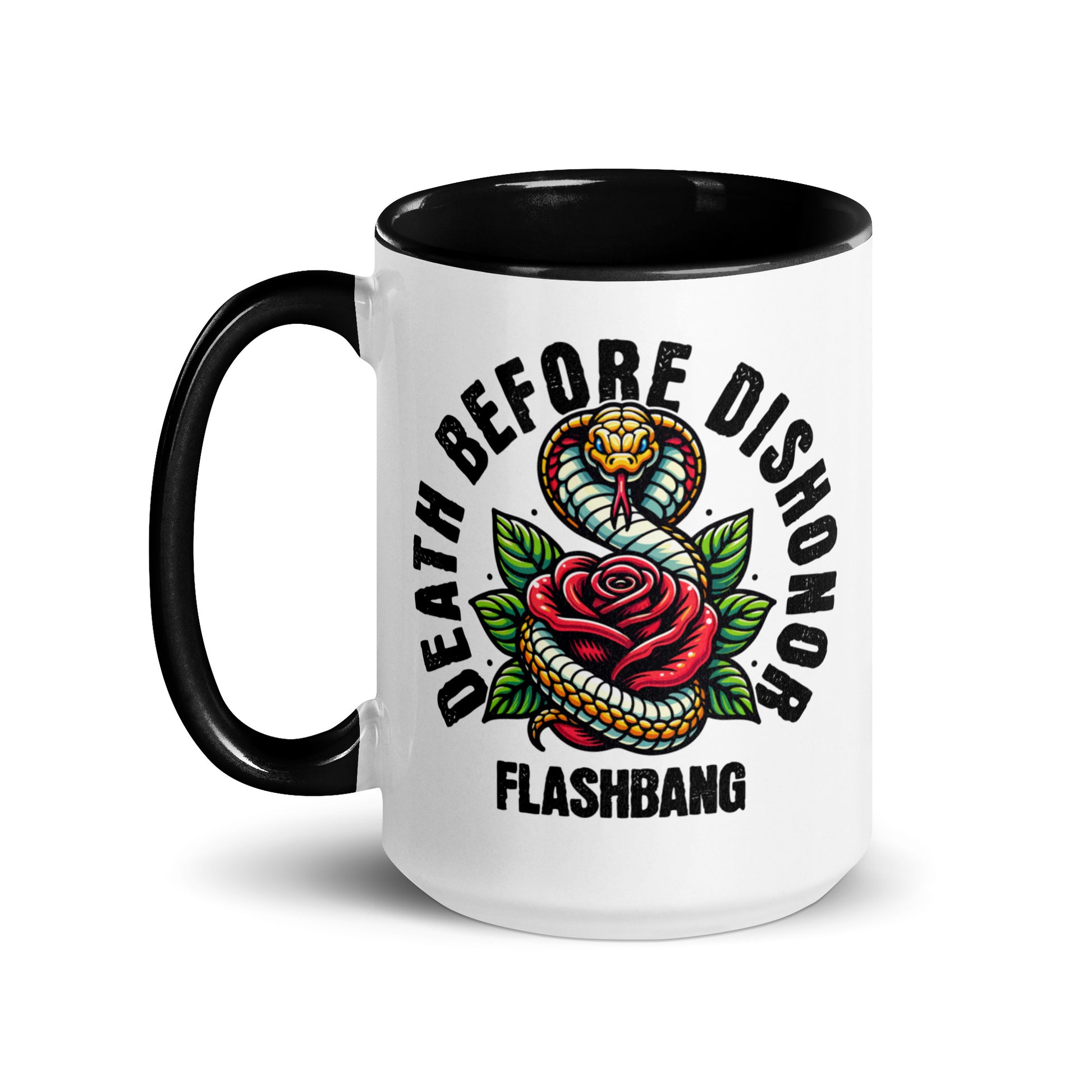 White mug with black interior and handle, featuring a snake and rose design with text on a white background.