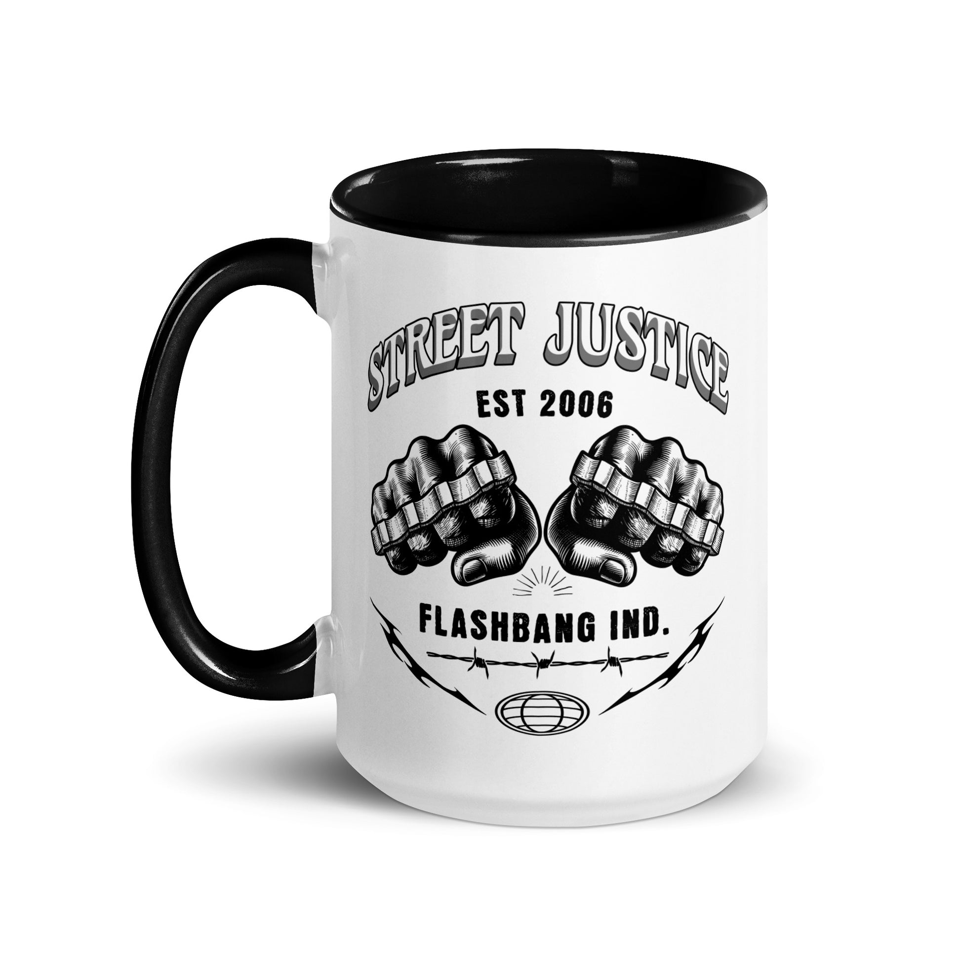 Mug with 'Street Justice' design featuring fists and text on a white background