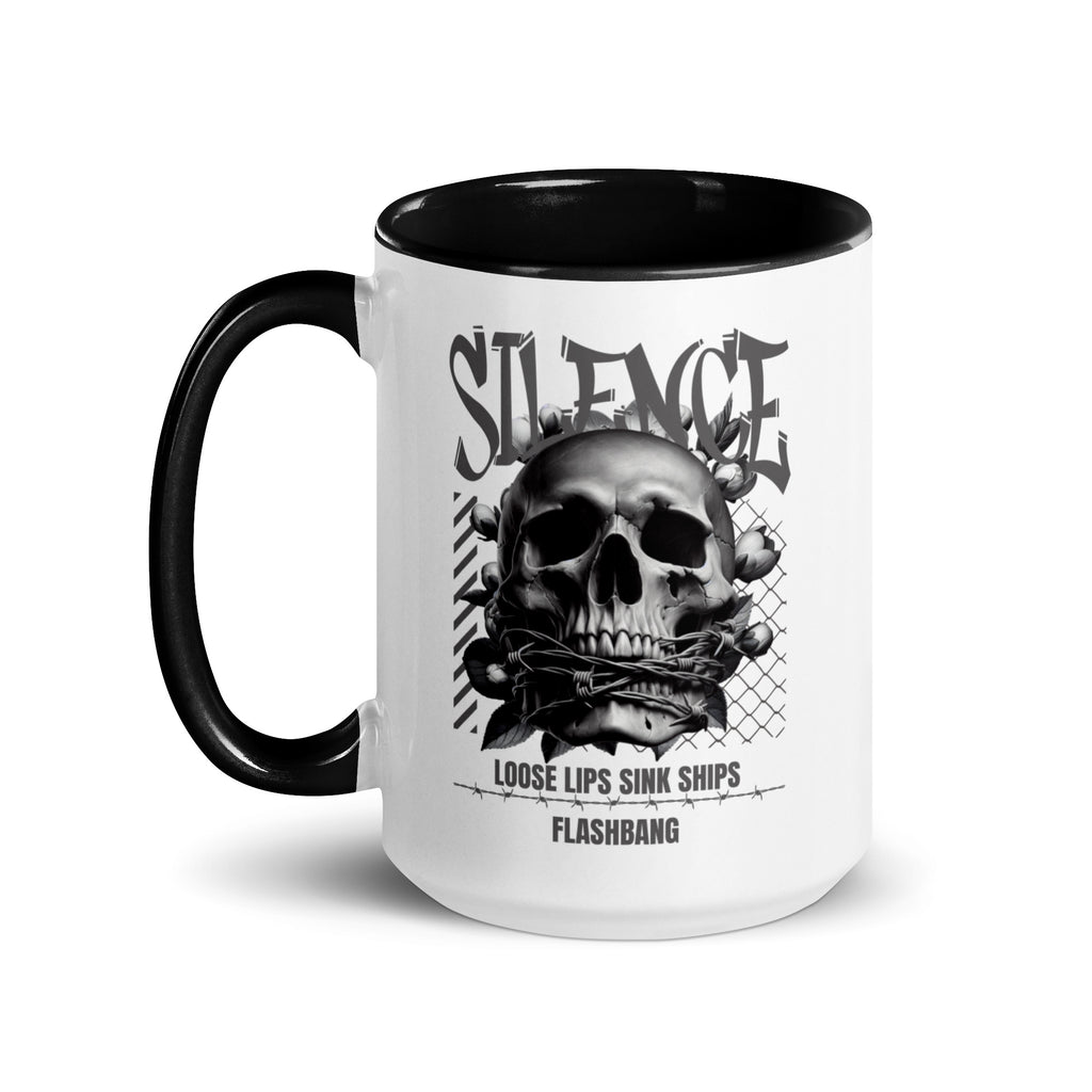 Mug with skull design and text on a white background
