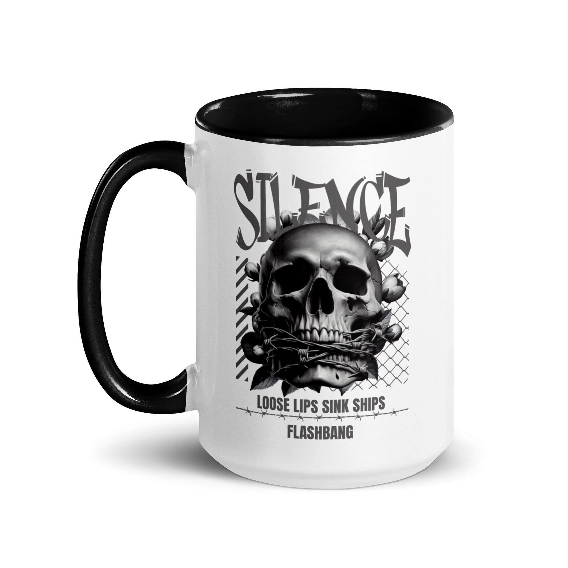 Mug with skull design and text on a white background