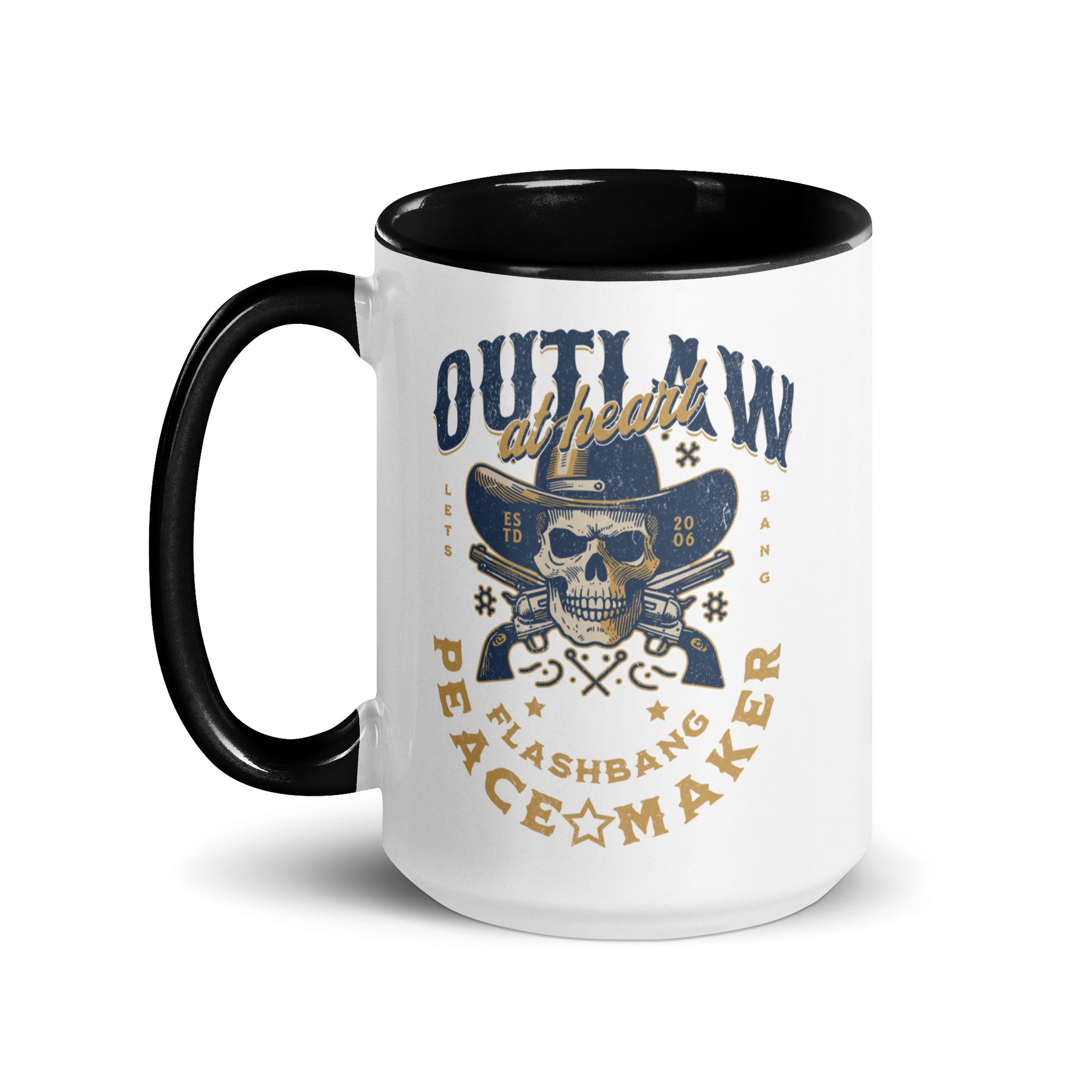 White mug with black interior and handle, featuring a skull and crossbones design with text.
