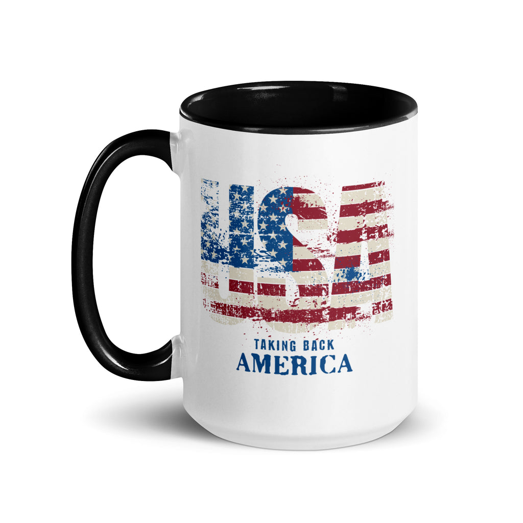 Mug with American flag design and text 'Taking Back America' on a white background