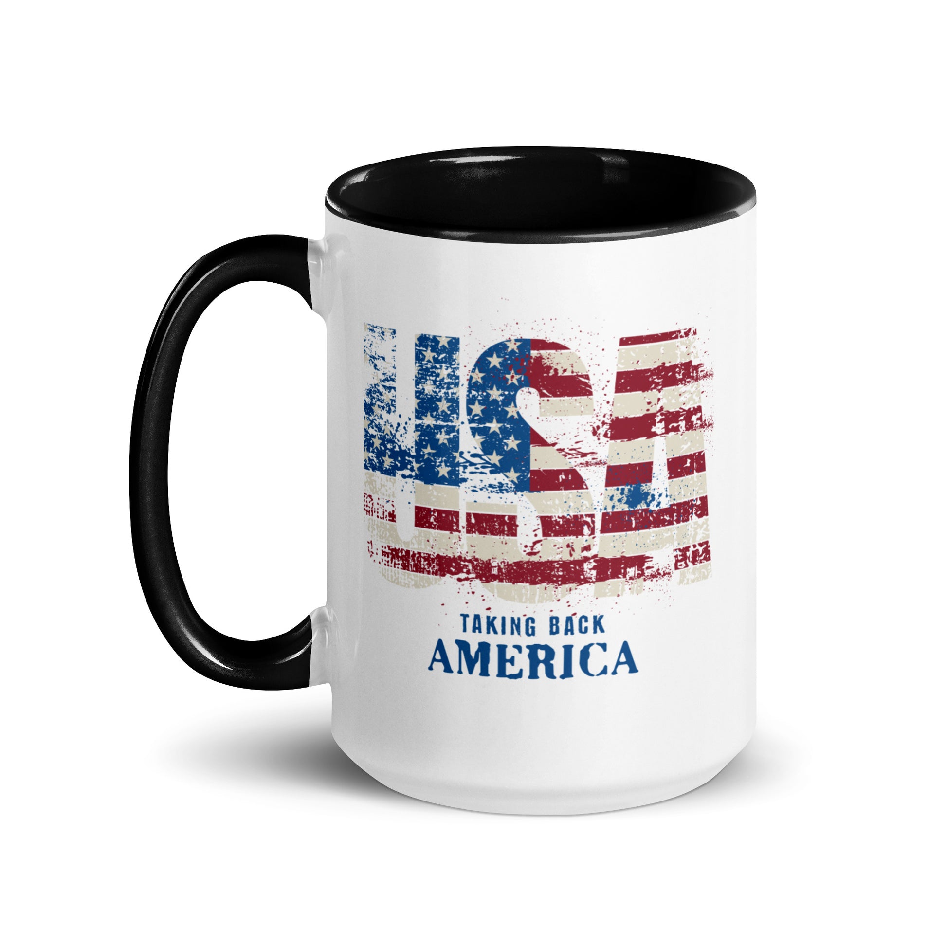 Mug with American flag design and text 'Taking Back America' on a white background