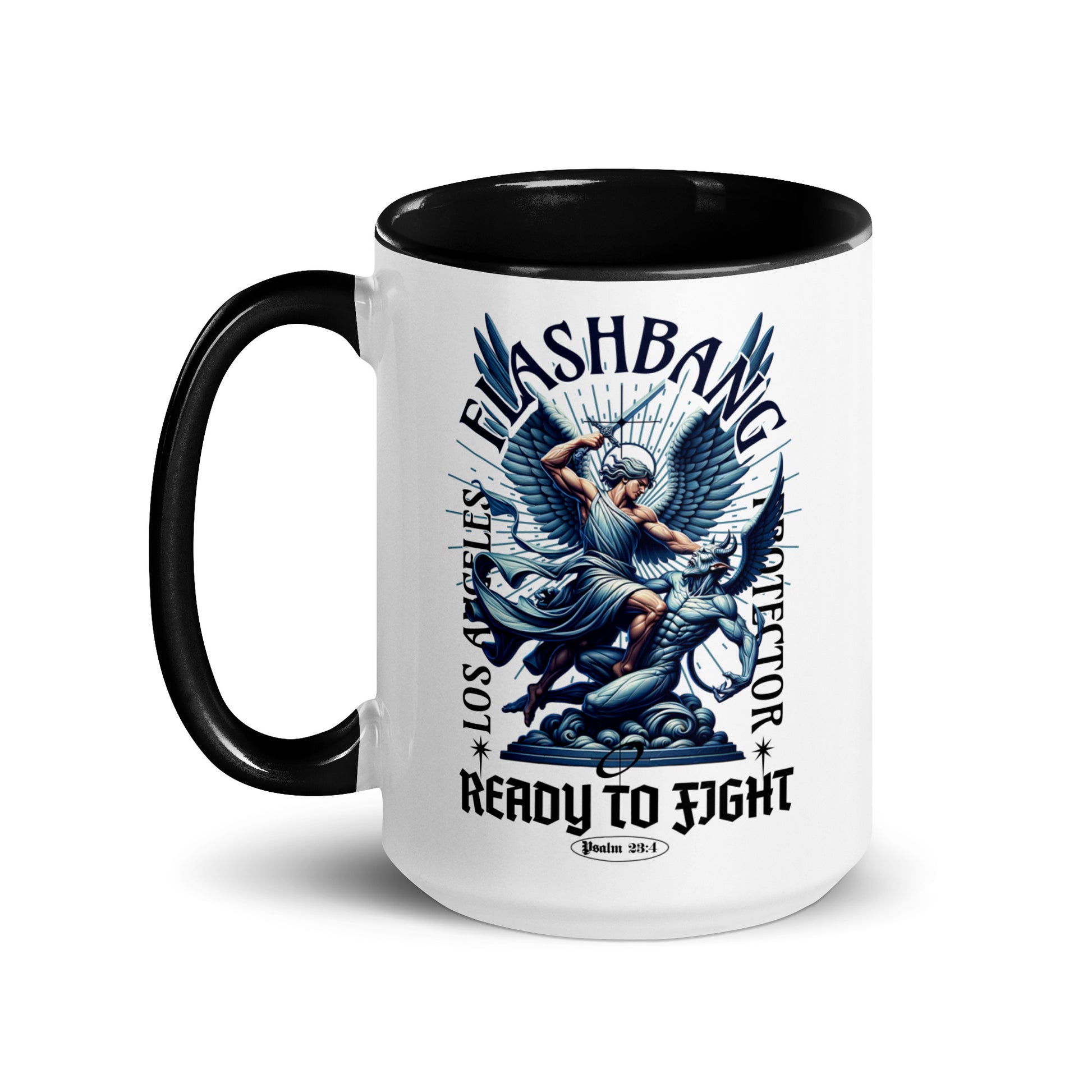 Mug with angel design and text on a white background