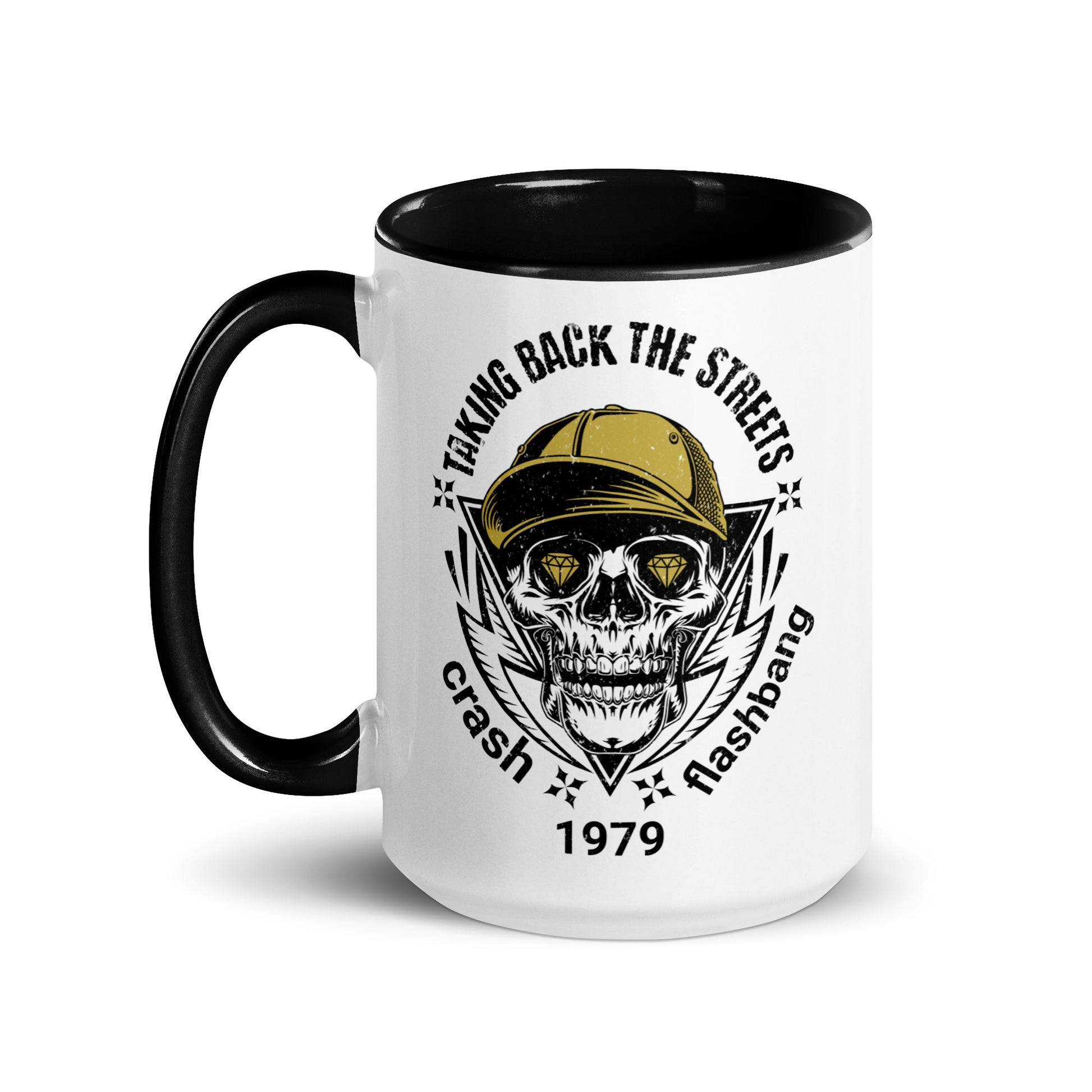 White mug with black interior and handle, featuring a skull design and text on a white background.