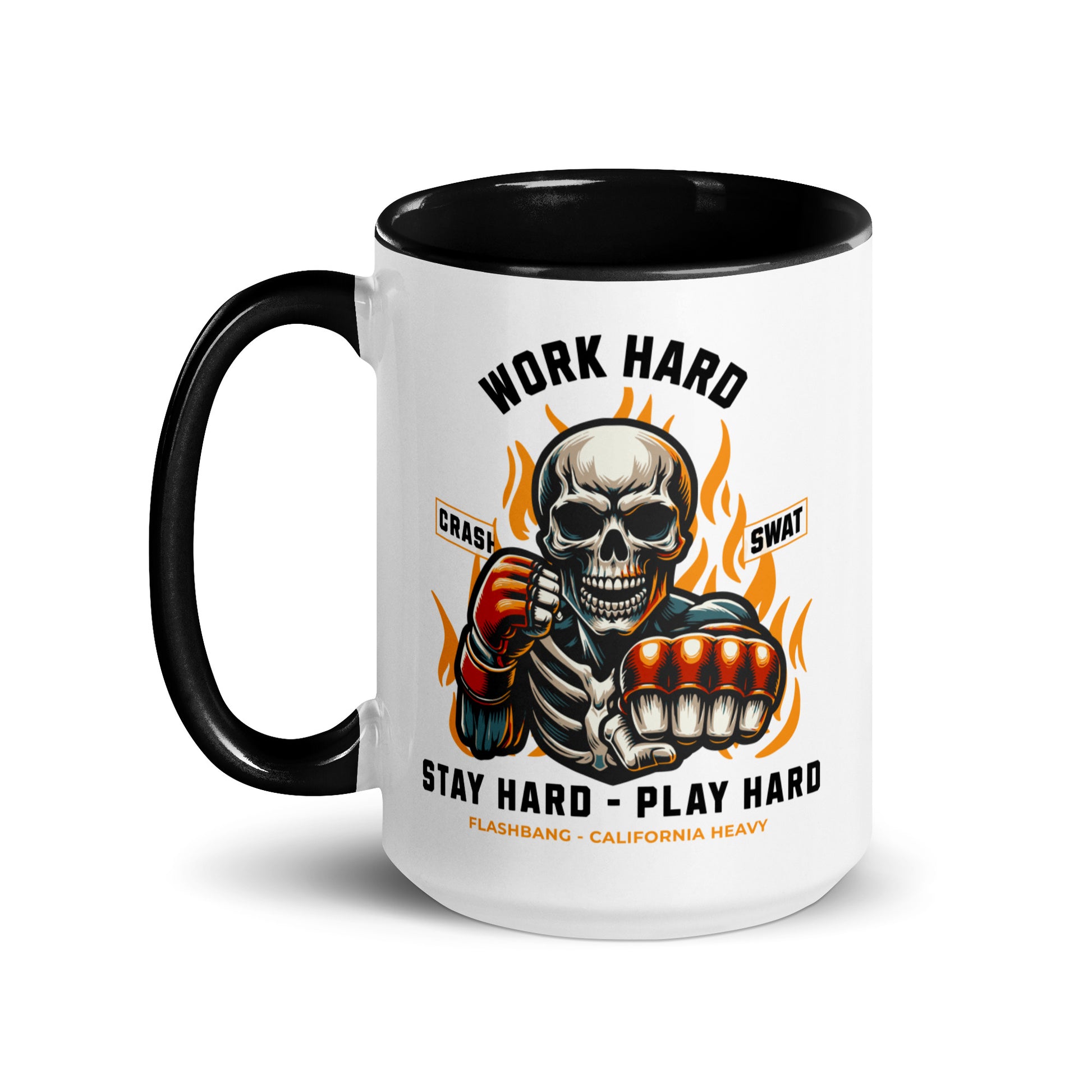 Mug with a skeleton design and text on a white background