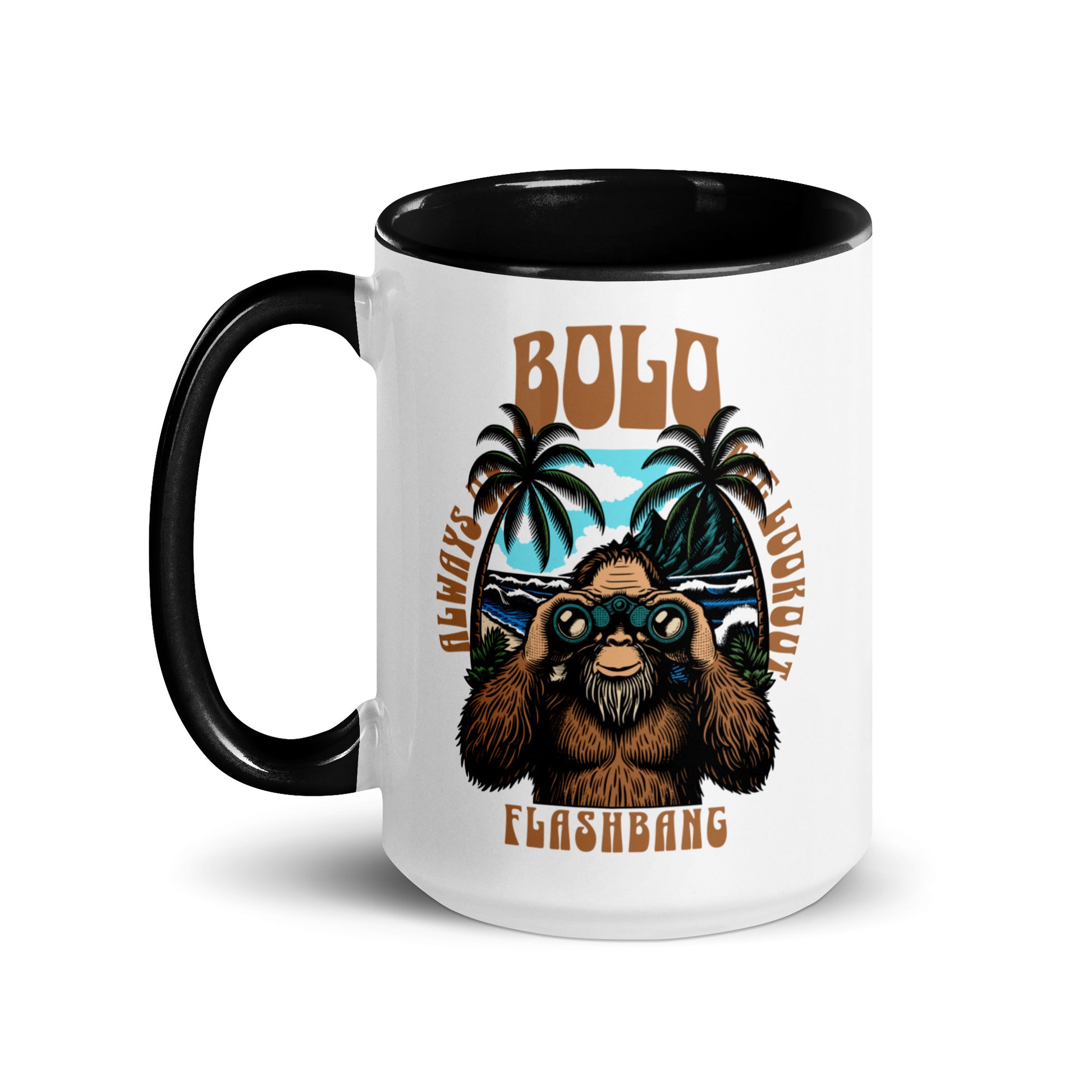Mug with a bear graphic and text on a white background