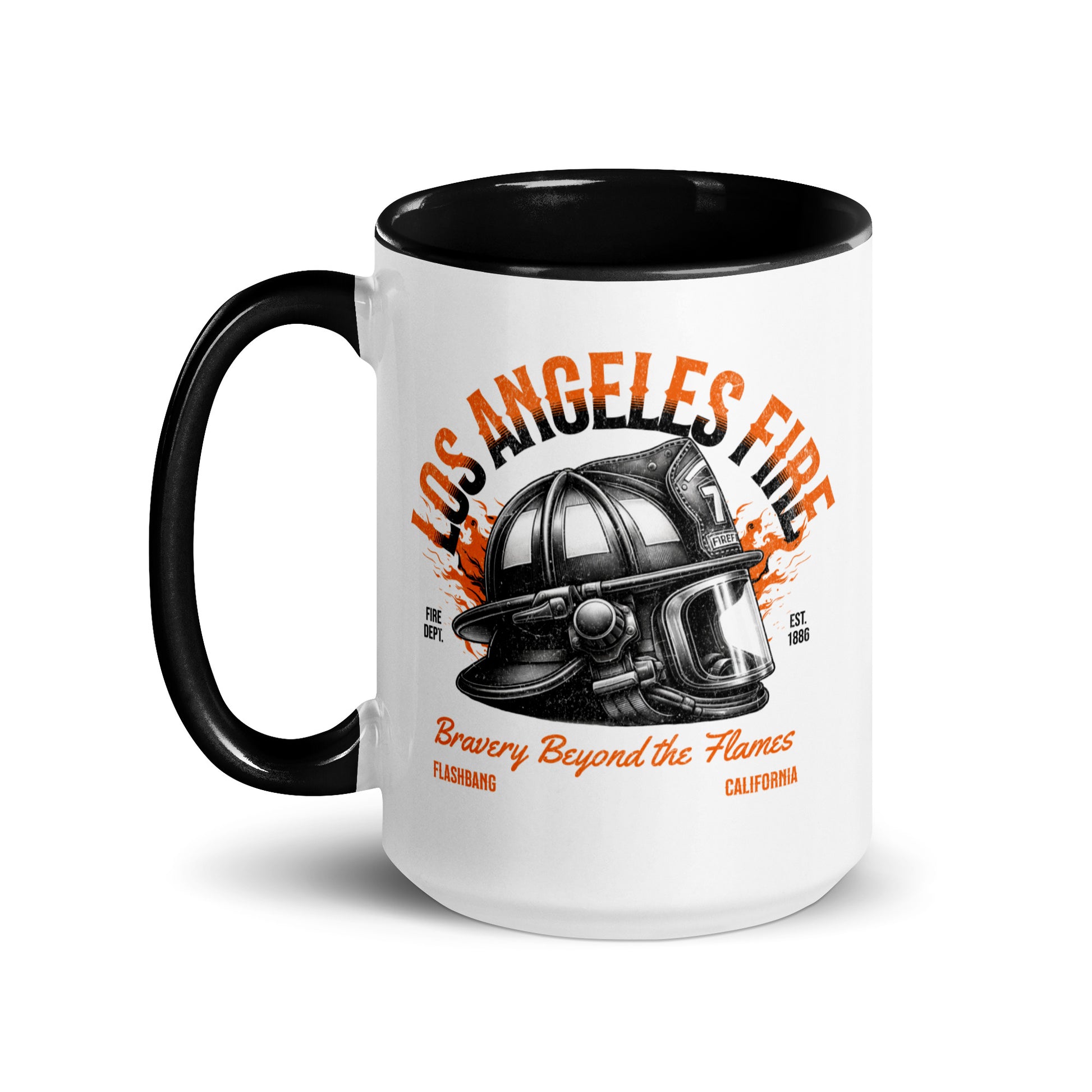 Mug with Los Angeles Fire Department design featuring a helmet and text.