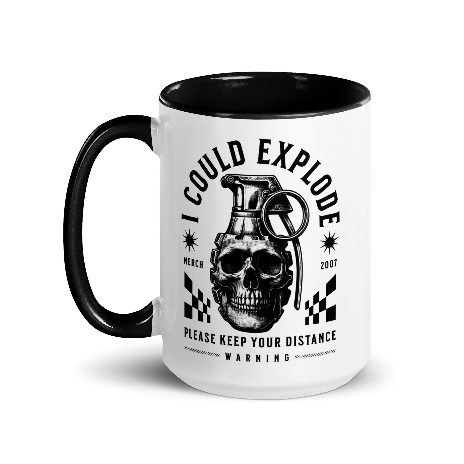 Mug with skull and grenade design on a white background