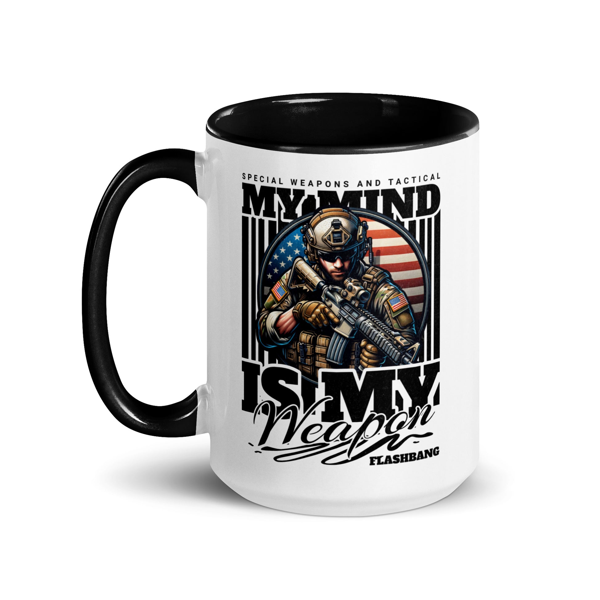 Mug with military-themed design featuring an American flag and text on a white background