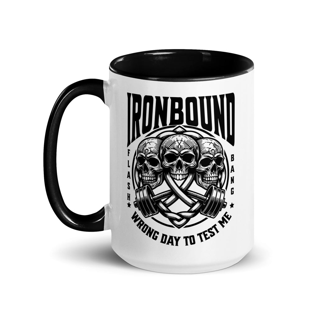White mug with black interior and handle, featuring a skull and barbell design with text.