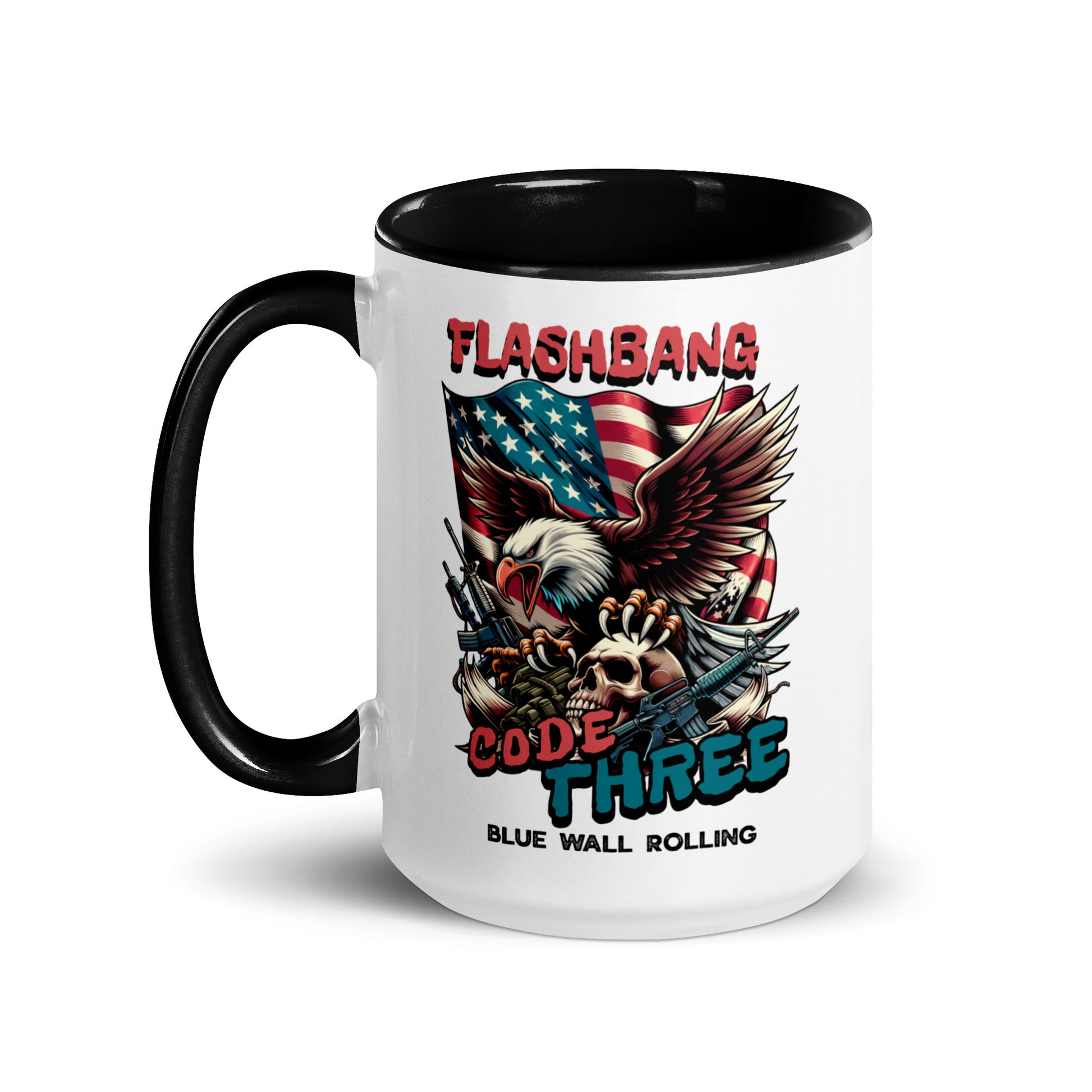 Mug with American flag, eagle, and text design on a white background
