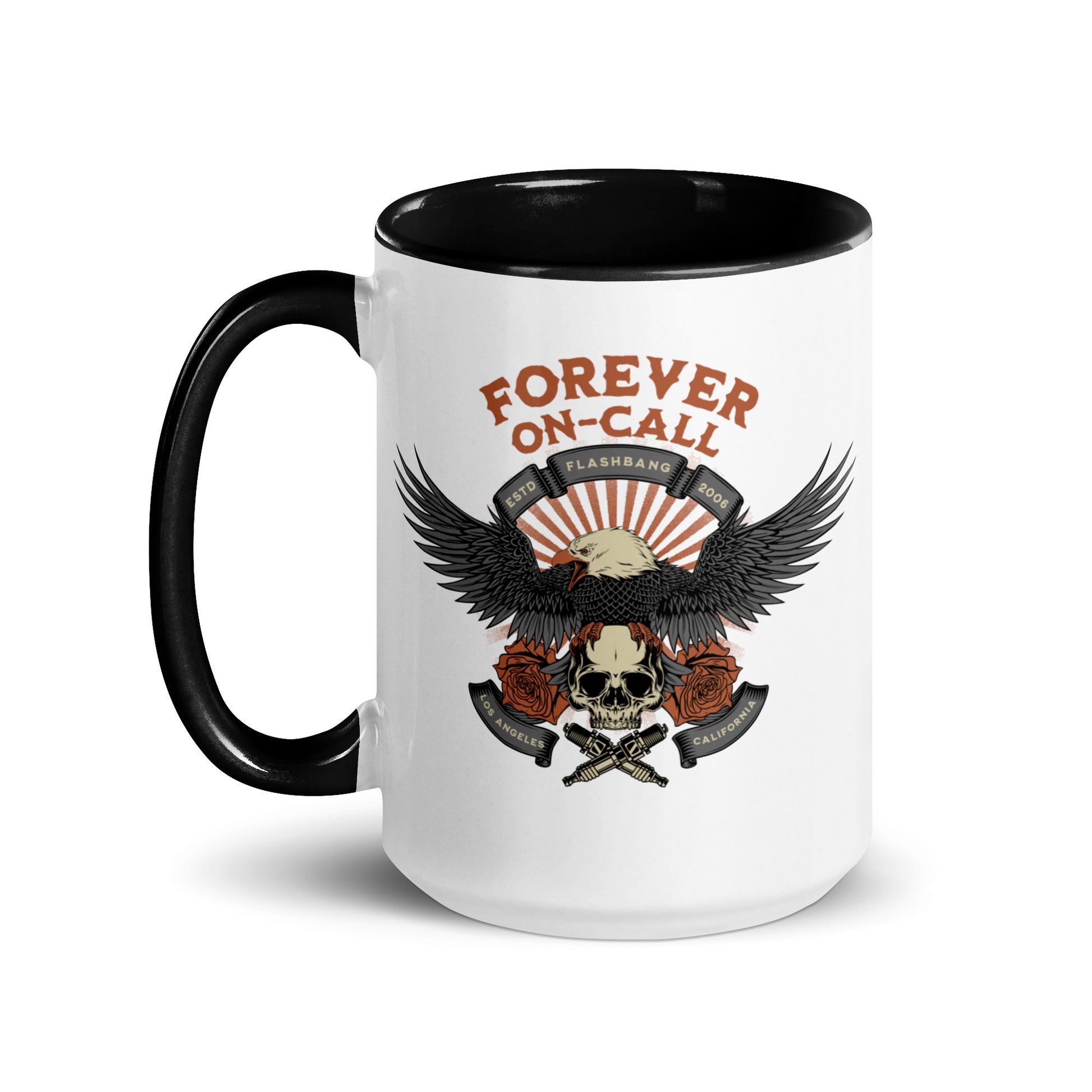 Mug with eagle and skull design and 'Forever On-Call' text on a white background