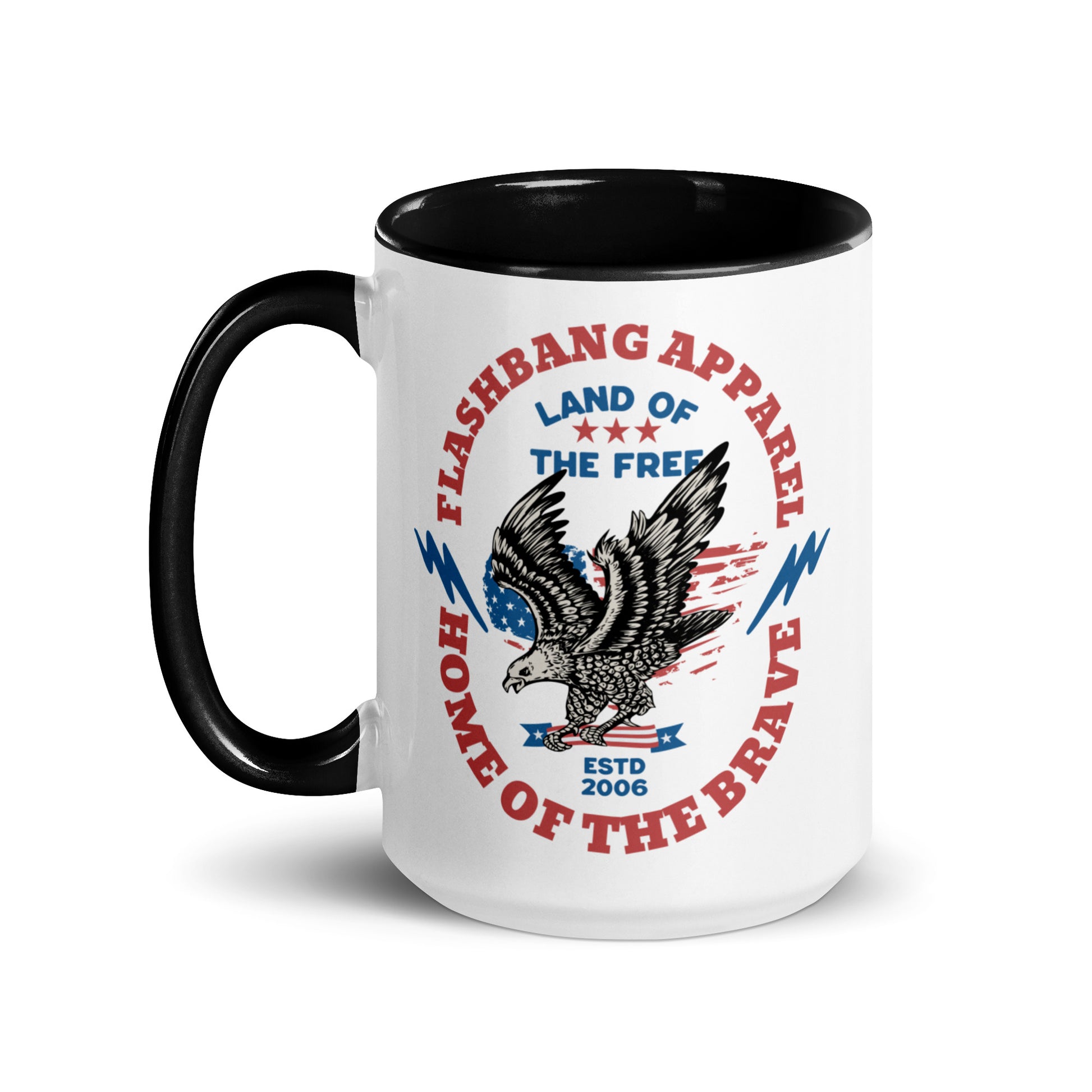 White mug with black handle featuring 'Flashbang Apparel' design with eagle and text.