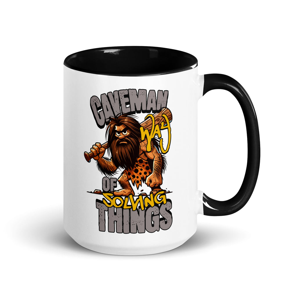 Mug with a caveman design and text 'Caveman of Solving Things' on a white background