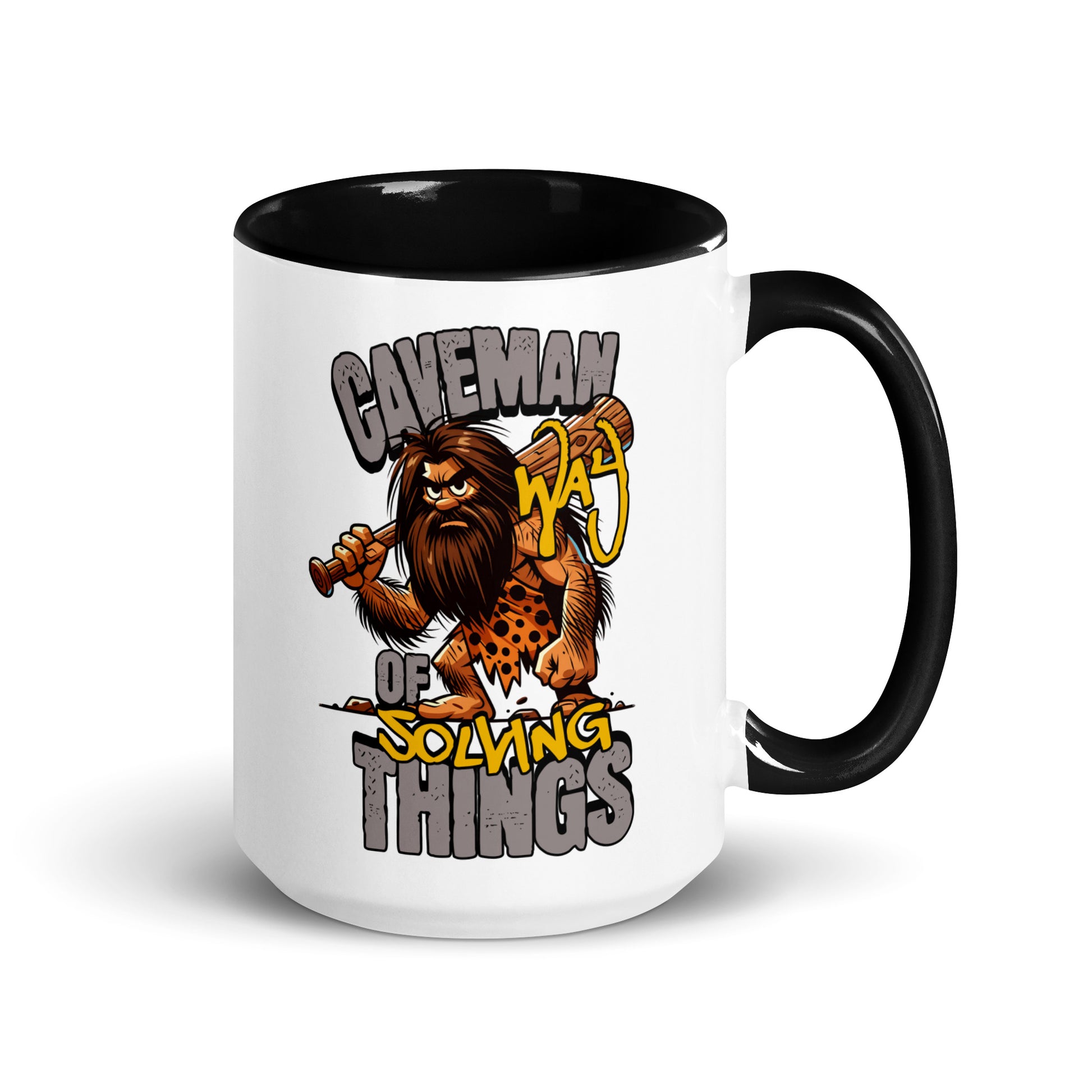 Mug with a caveman design and text 'Caveman of Solving Things' on a white background