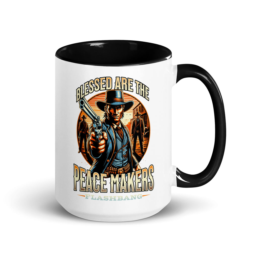 Mug with a cowboy graphic and text 'Blessed are the Peacemakers' on a white background
