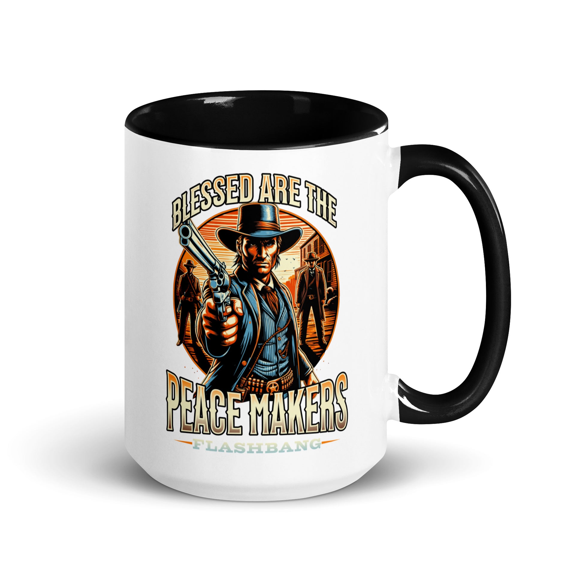 Mug with a cowboy graphic and text 'Blessed are the Peacemakers' on a white background