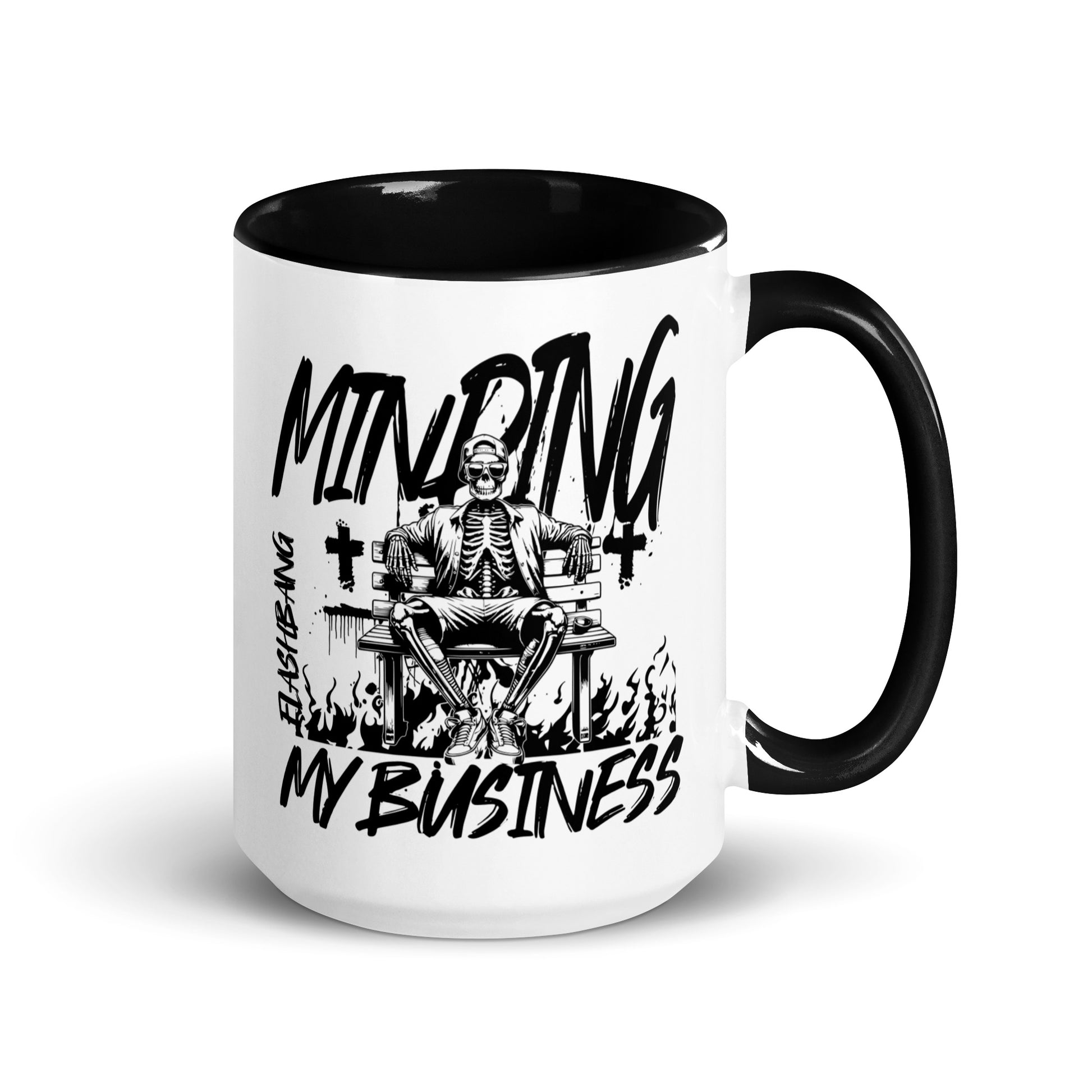 White mug with black interior and handle, featuring a skeleton on a throne with text 'Minding My Business' on a white background.