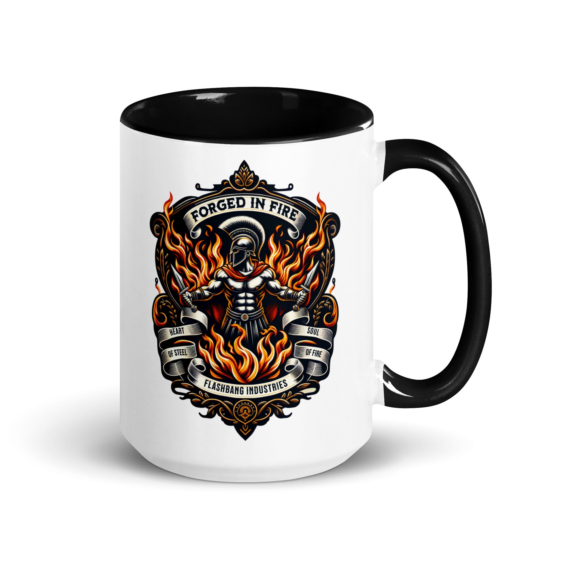 White mug with black interior and handle featuring a skull and flames design, brand 'Flashbang Industries' visible.