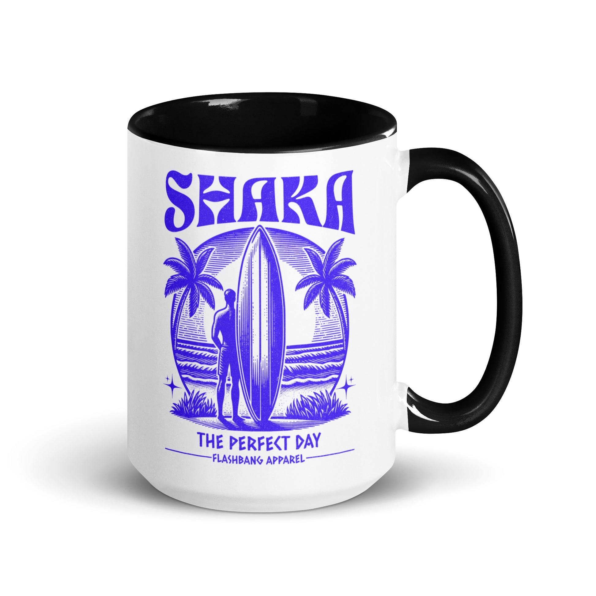 White mug with black interior and handle featuring a purple 'Shaka' design and text.