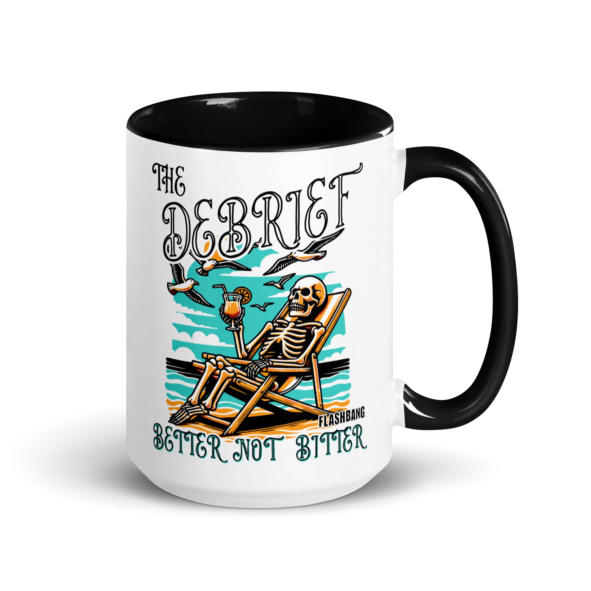 Mug with skeleton design and text on a white background
