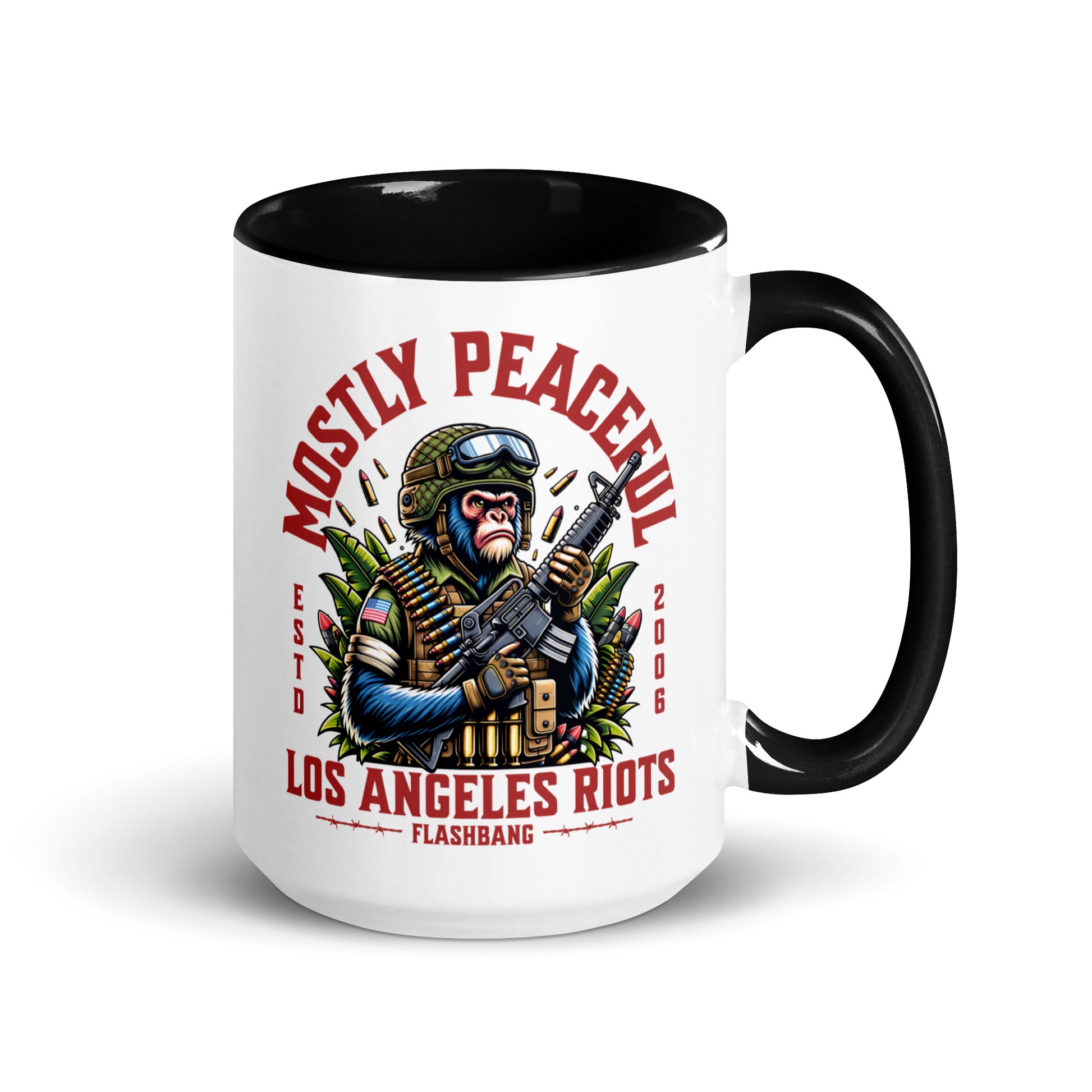 Mug with a graphic design of a monkey in military gear and text on a white background