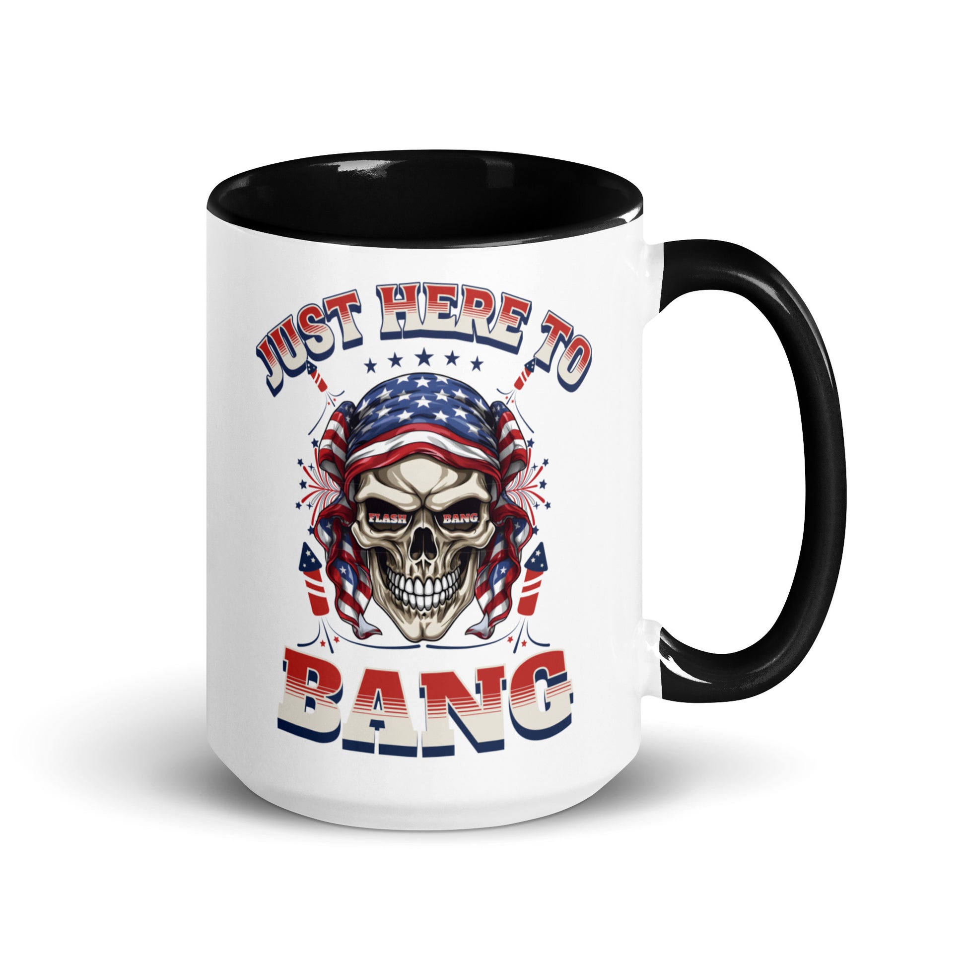 Mug with skull design and text 'Just Here To Bang' on a white background