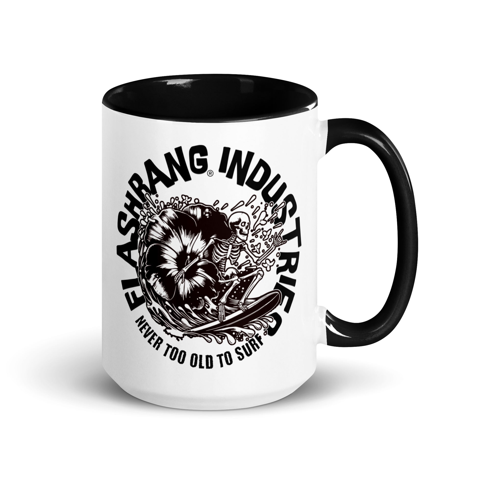 White mug with black interior and handle featuring a graphic design and text on a white background