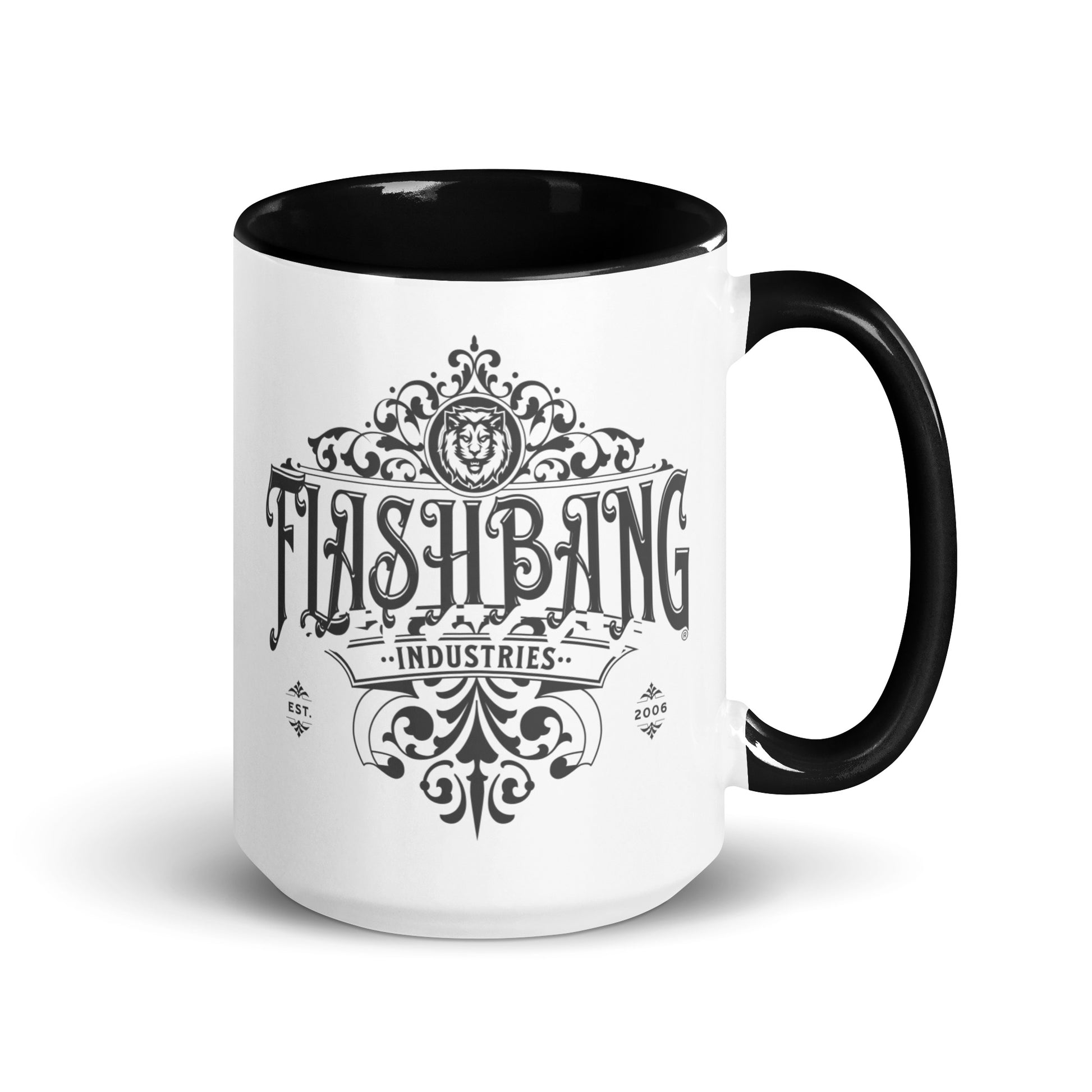 White mug with black interior and handle, featuring 'Flashbang Industries' design.