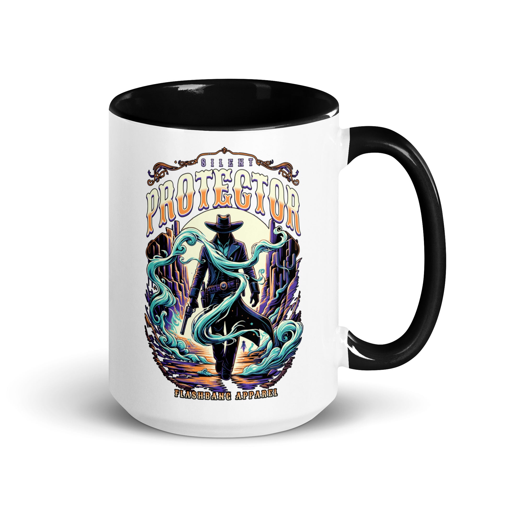 Mug with a colorful design featuring a character and text on a white background